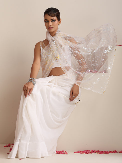 ✨🤍 White Georgette Saree with Gold Print and Blouse Fabric