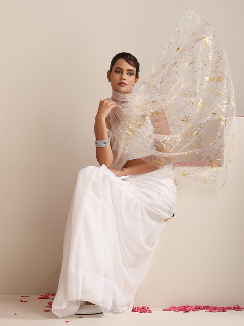 ✨🤍 White Georgette Saree with Gold Print and Blouse Fabric