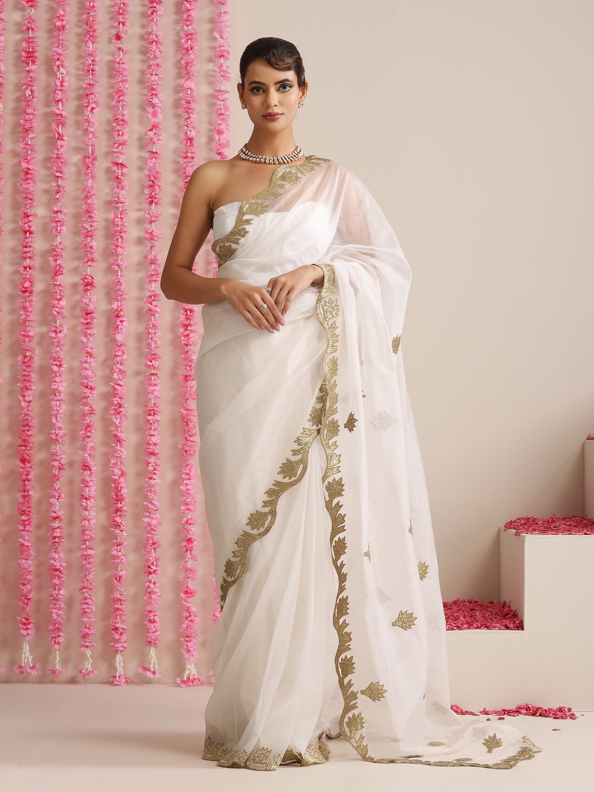Elixir White and Gold Organza embroidered Saree with blouse fabric