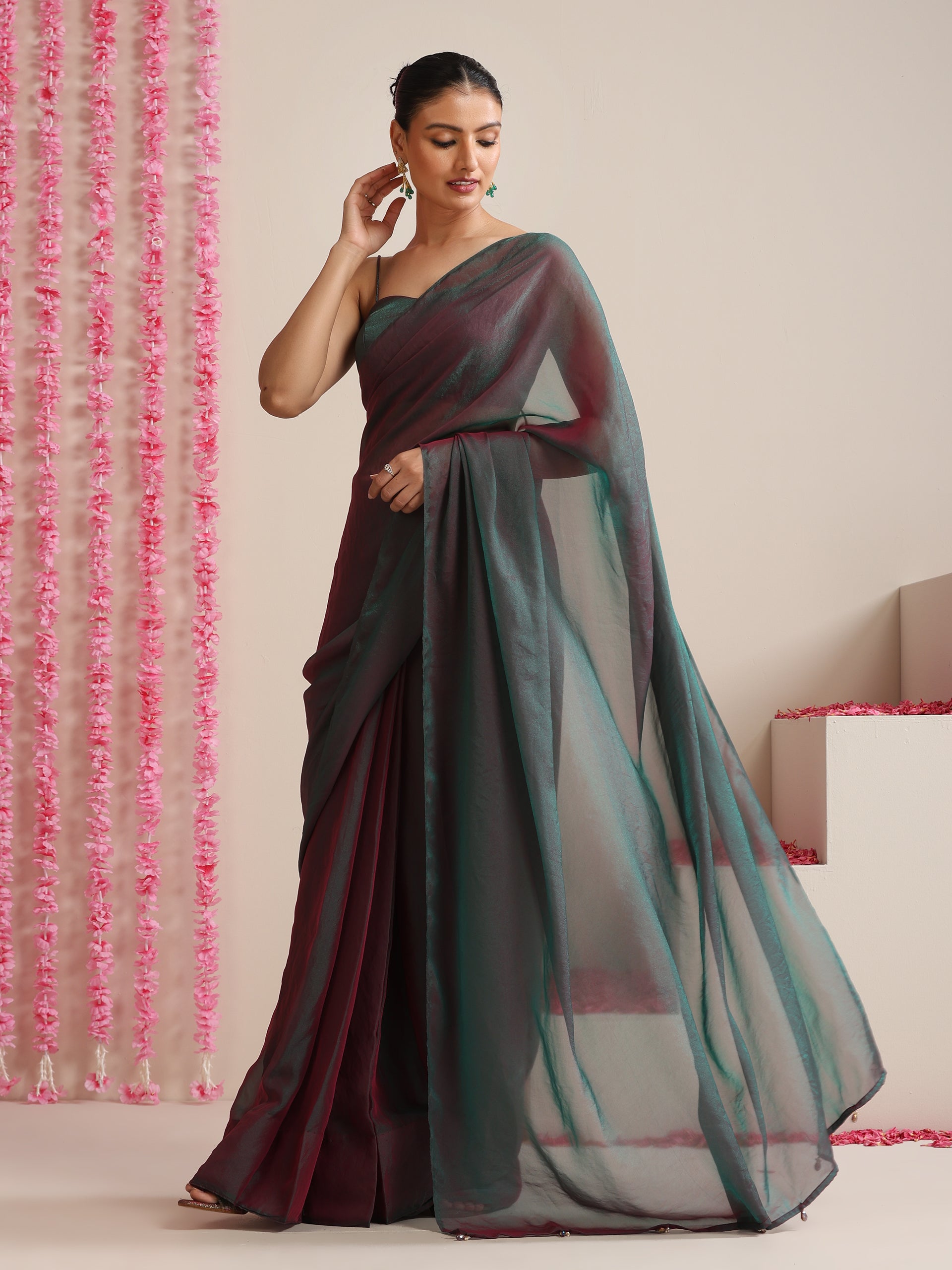Blue Maroon Dual Shade Chiffon Saree with Pendants