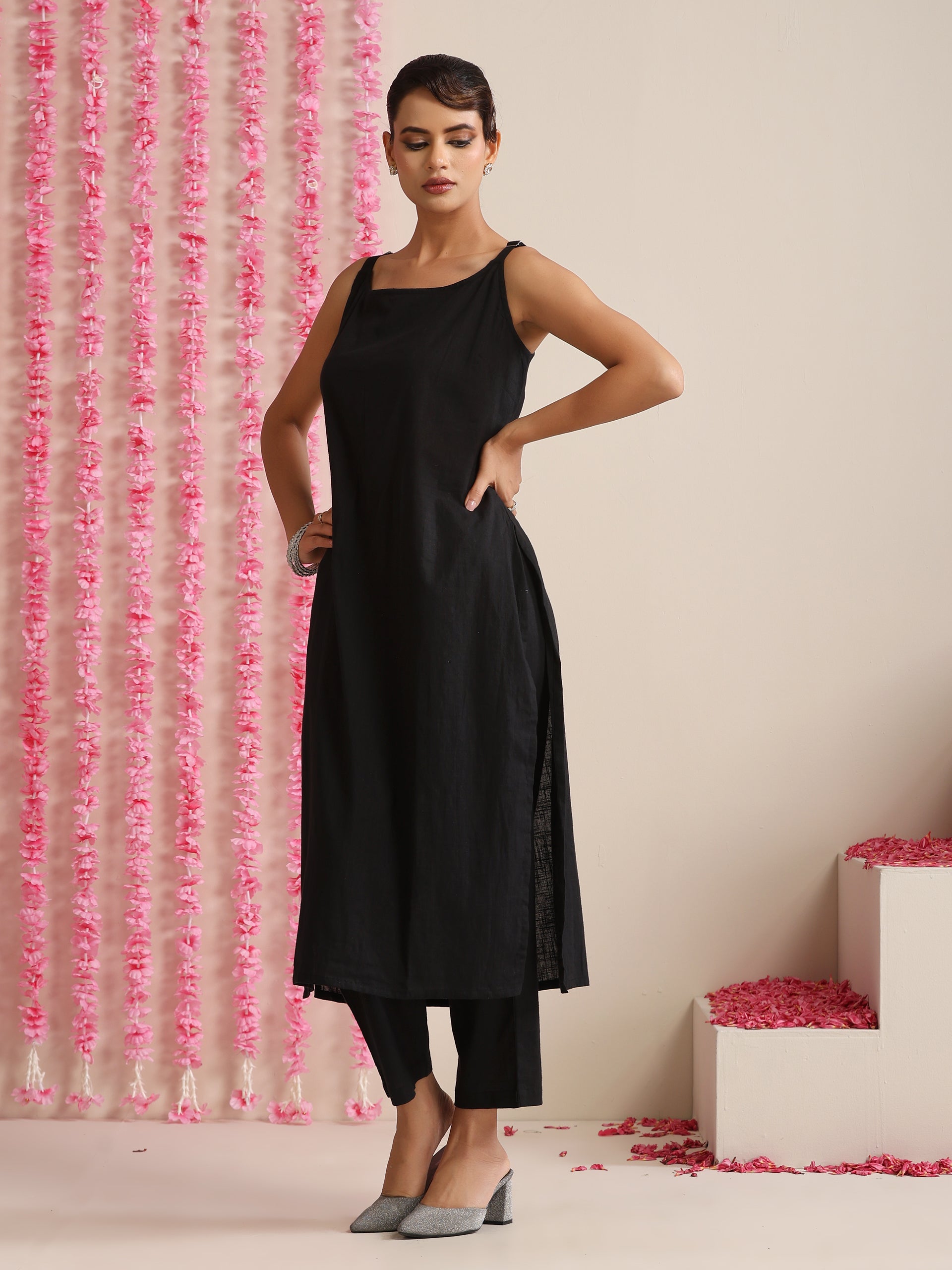 Women’s Black Strappy Kurta Set with Silver Net Dupatta | 3 Pc Festive Ethnic Co-ord