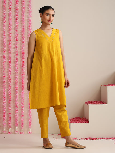 Yellow Cotton Slub Sleeveless Kurta Set for Women | 2 Pc Co-ord with Hand Embroidery