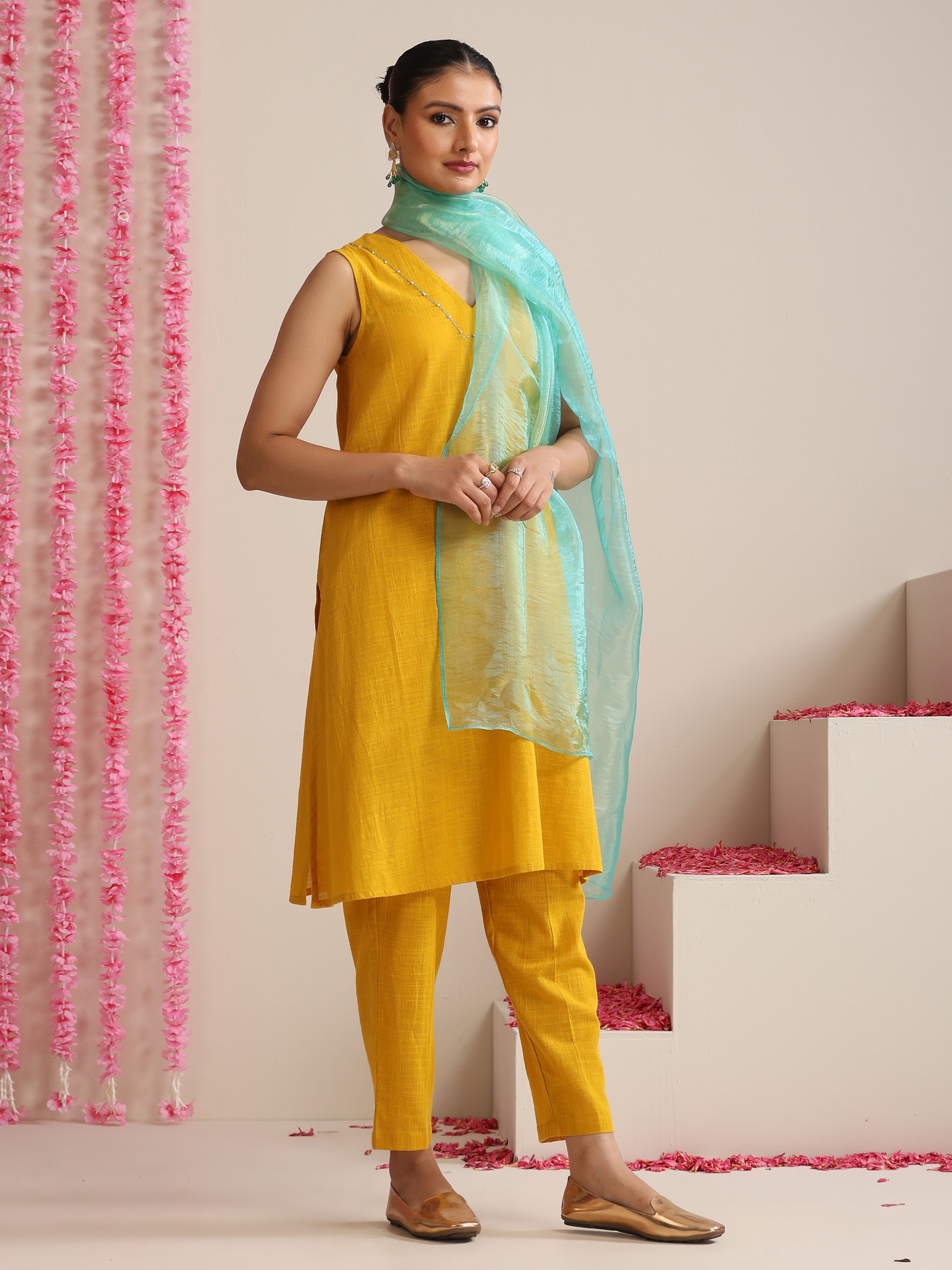 Women’s Yellow Cotton Slub Sleeveless Kurta with Embroidery, Pyjama & Metallic Blue Dupatta | 3 Pc Summer Festive Set