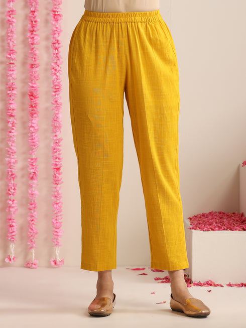 Yellow Cotton Slub Sleeveless Kurta Set for Women | 2 Pc Co-ord with Hand Embroidery