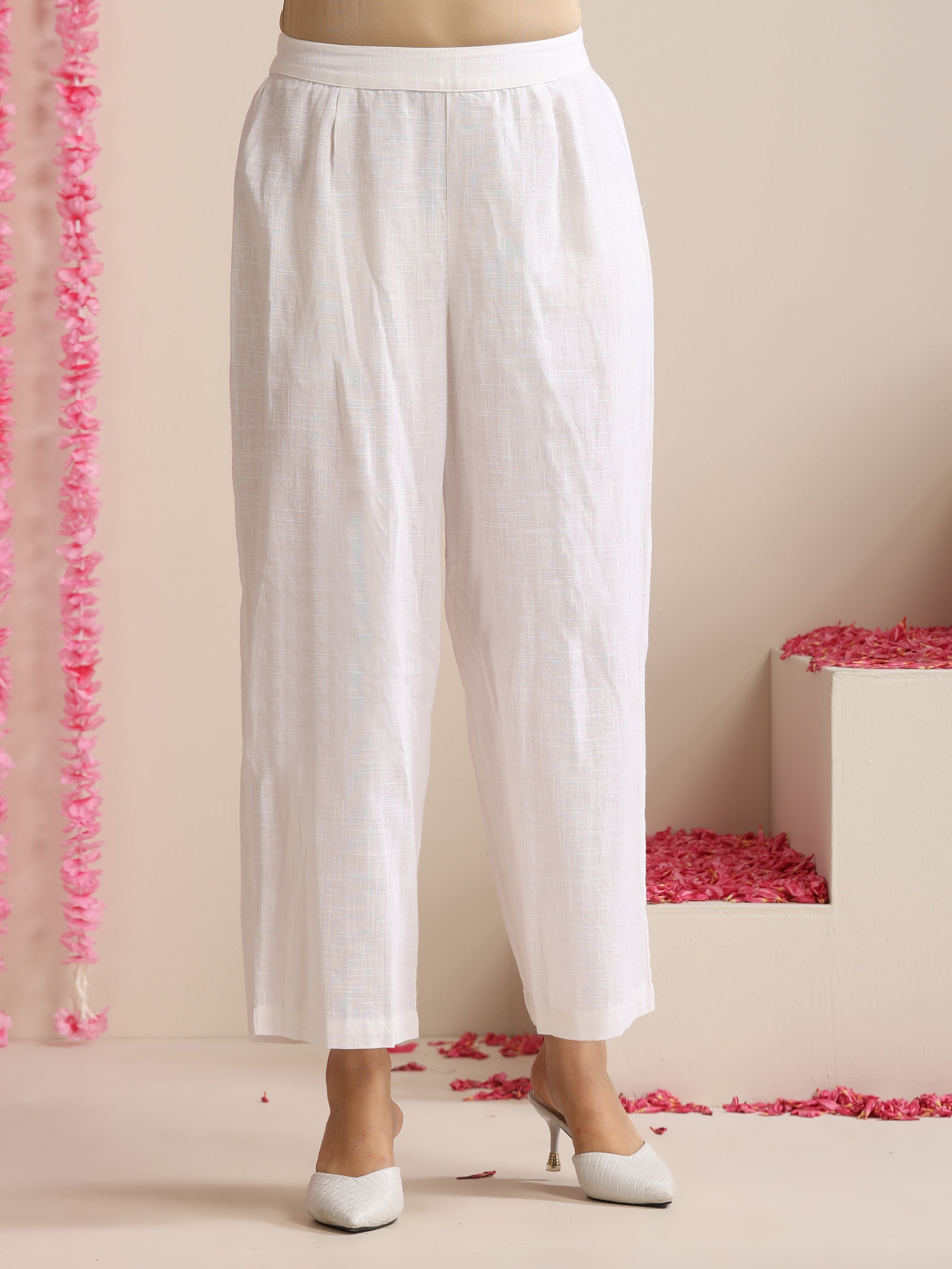 White Cotton Slub Kurta Set for Women | 2 Pc Co-ord with V-Neck & Flared Hem