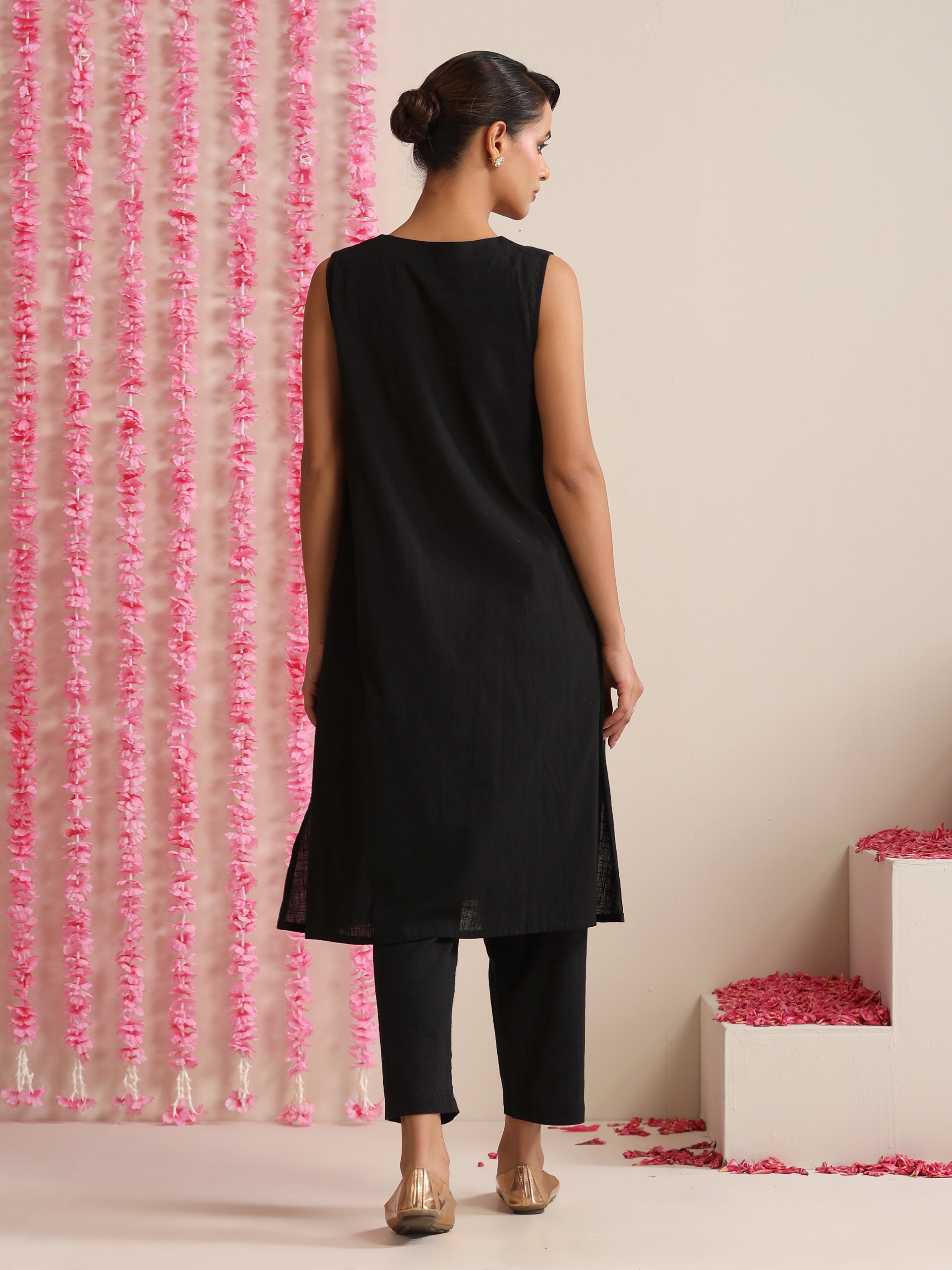 Women’s Black Cotton Slub Sleeveless Kurta with Bronze Neck Stripes, Pyjama & Net Dupatta | 3 Pc Elegant Ethnic Set