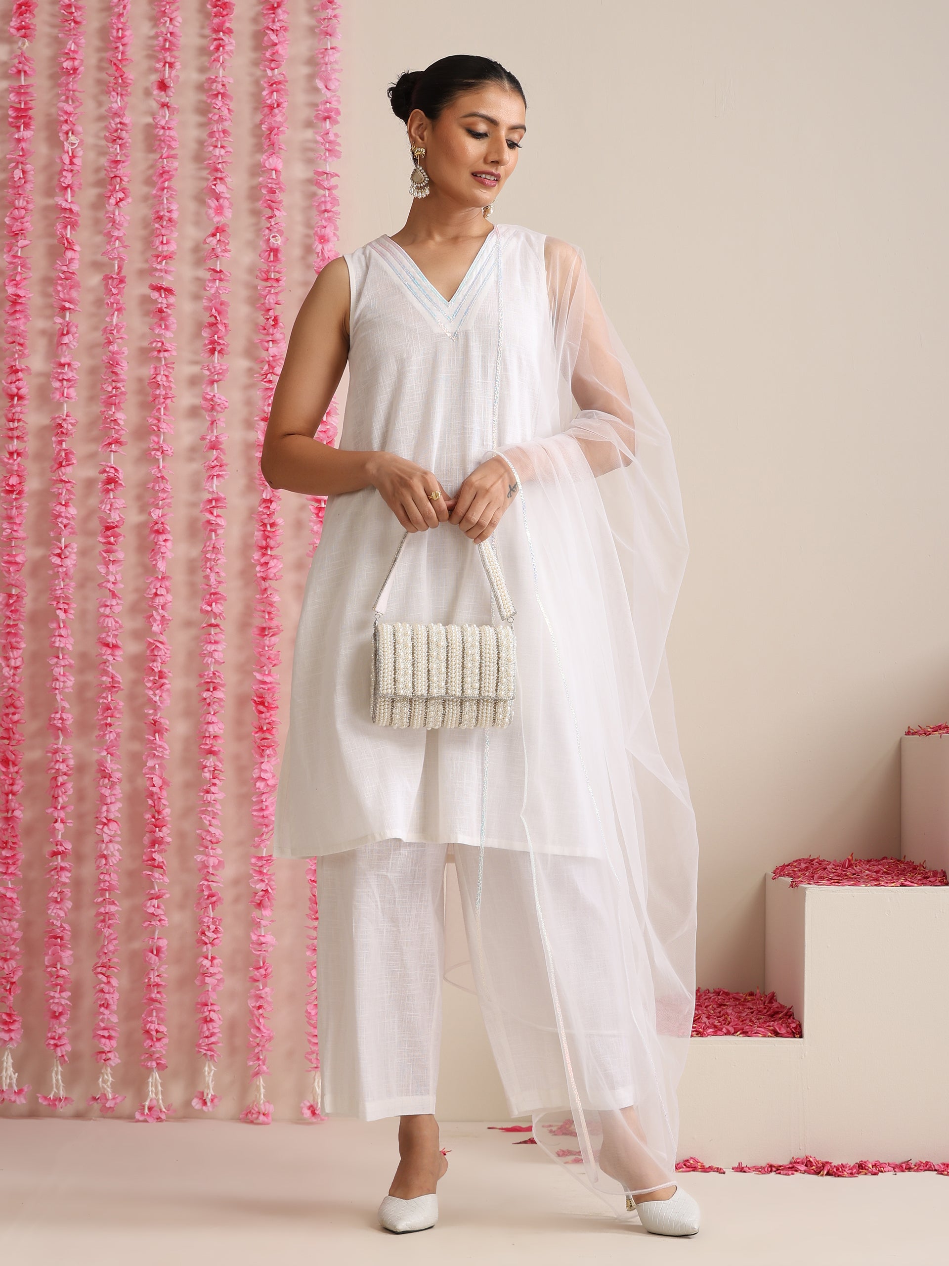 Women’s White Cotton Slub Sleeveless Kurta with Neck Stripes, Pyjama & Net Dupatta | 3 Pc Elegant Ethnic Set