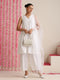 Women’s White Cotton Slub Sleeveless Kurta with Neck Stripes, Pyjama & Net Dupatta | 3 Pc Elegant Ethnic Set