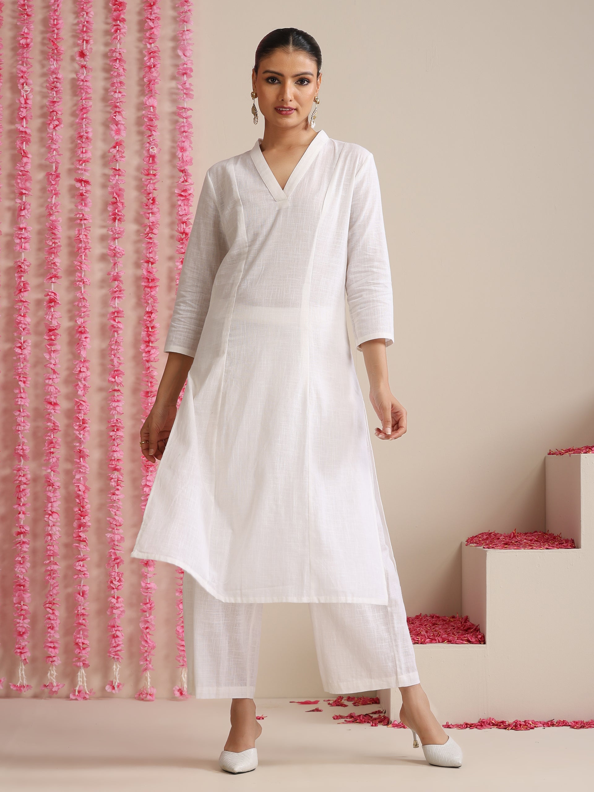 White Cotton Slub Kurta Set for Women | 2 Pc Co-ord with V-Neck & Flared Hem