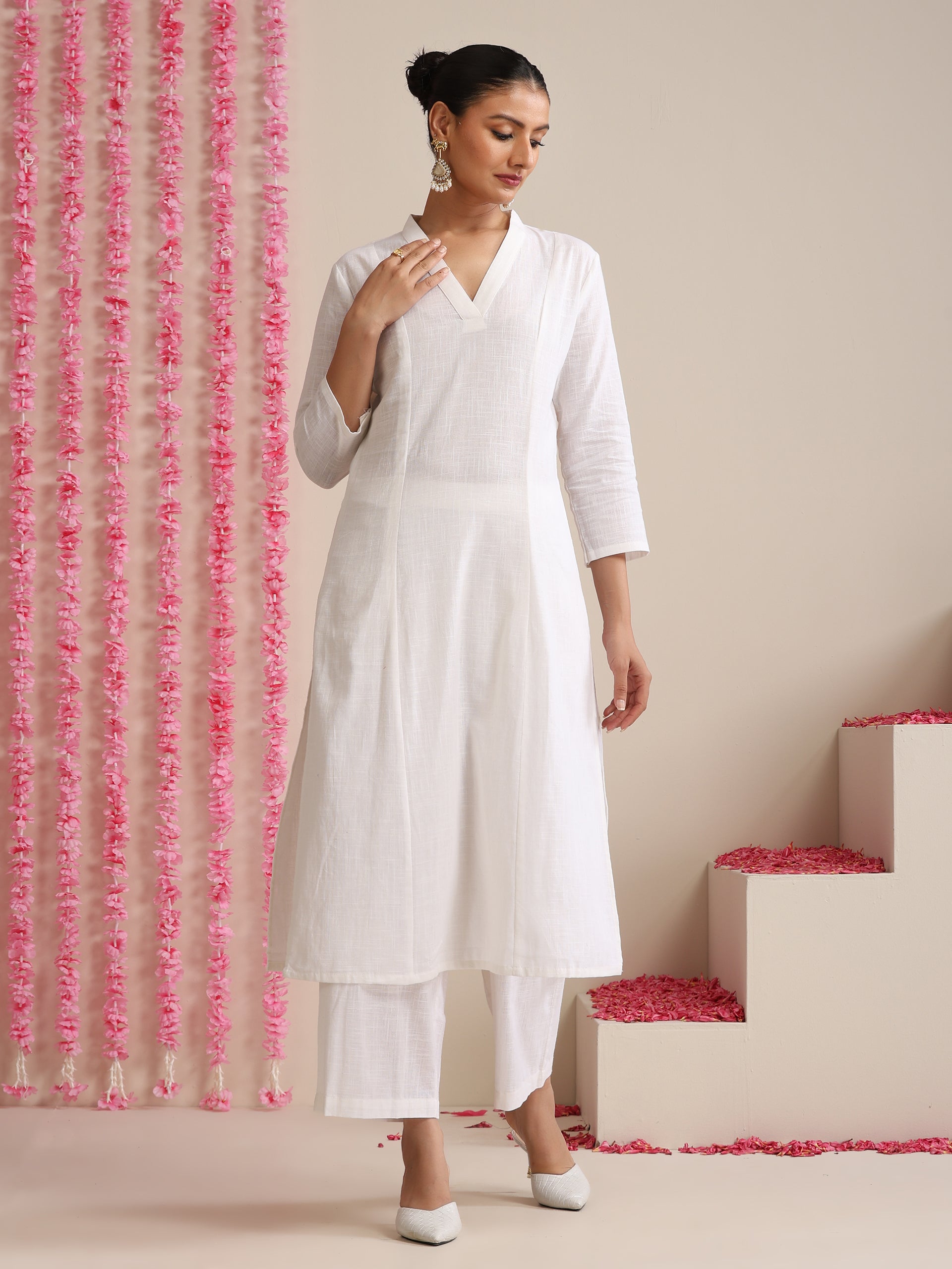 White Cotton Slub Kurta Set for Women | 2 Pc Co-ord with V-Neck & Flared Hem
