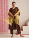Chocolate Brown Cotton Slub Kurta Set | 3 Pc Hand-Beaded Co-ord with Yellow Metallic Dupatta