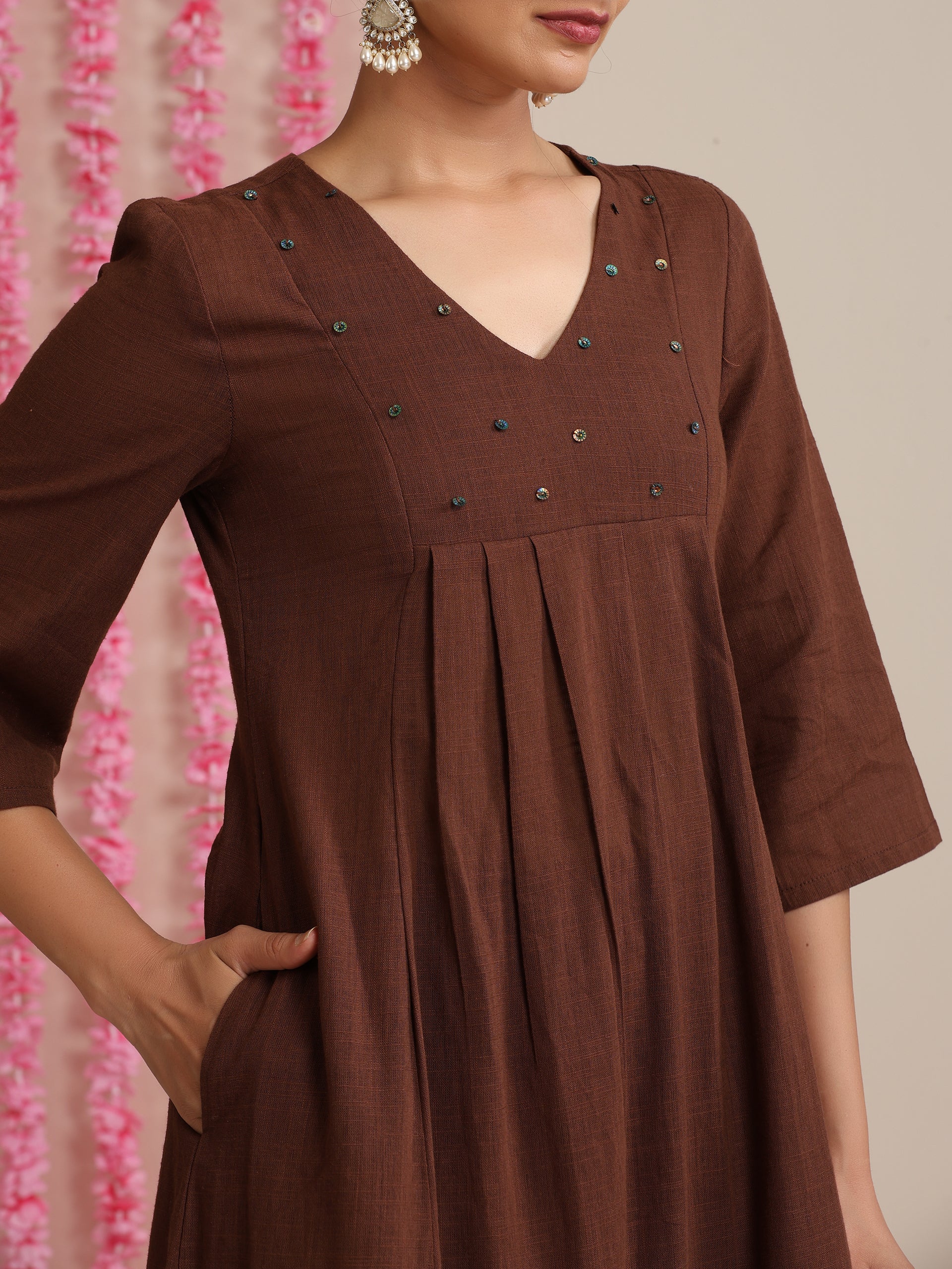 Chocolate Brown Cotton Slub Kurta Set | 2 Pc Hand-Beaded Ethnic Co-ord for Women