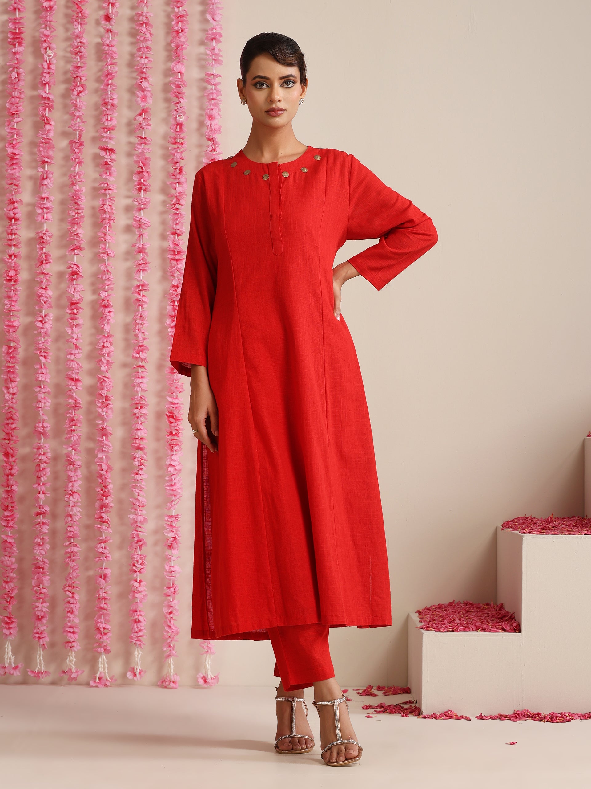 Red Cotton Slub Kurta Set for Women | 2 Pc Festive Co-ord with Pyjama