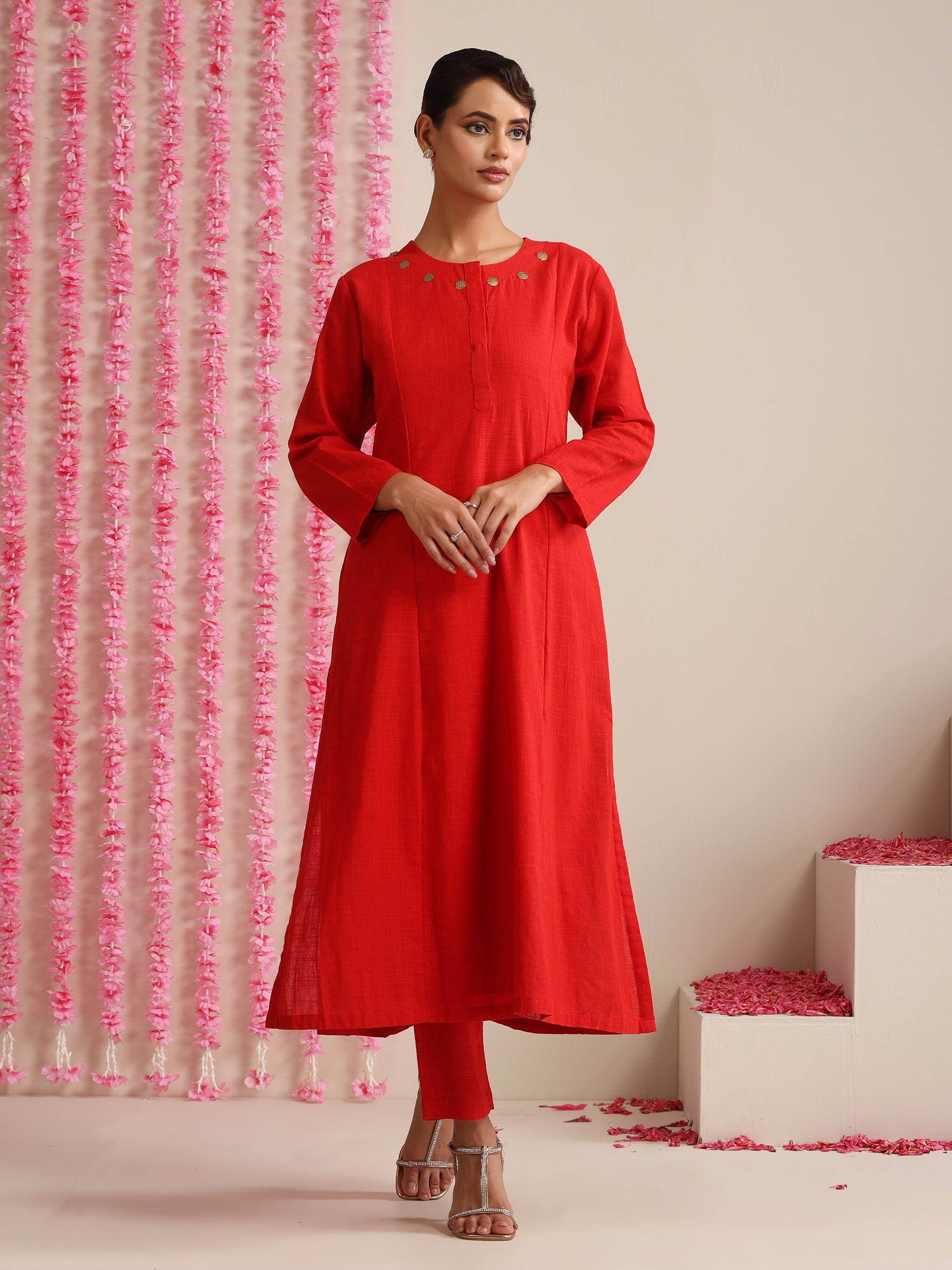 Red Cotton Slub Kurta Set for Women | 2 Pc Festive Co-ord with Pyjama