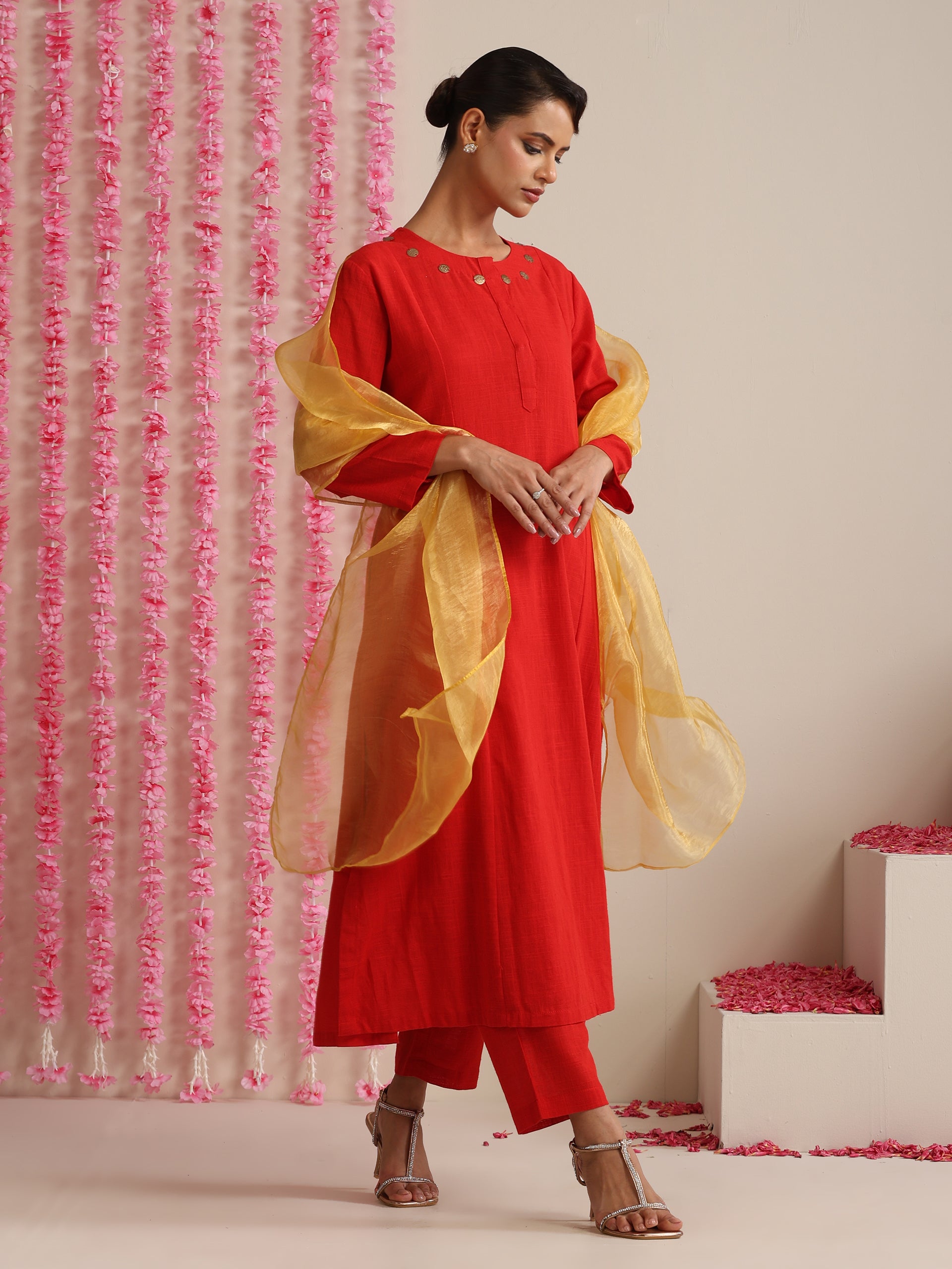 Women’s Red Cotton Slub Kurta, Pyjama & Metallic Yellow Dupatta | 3 Pc Ethnic Festive Set
