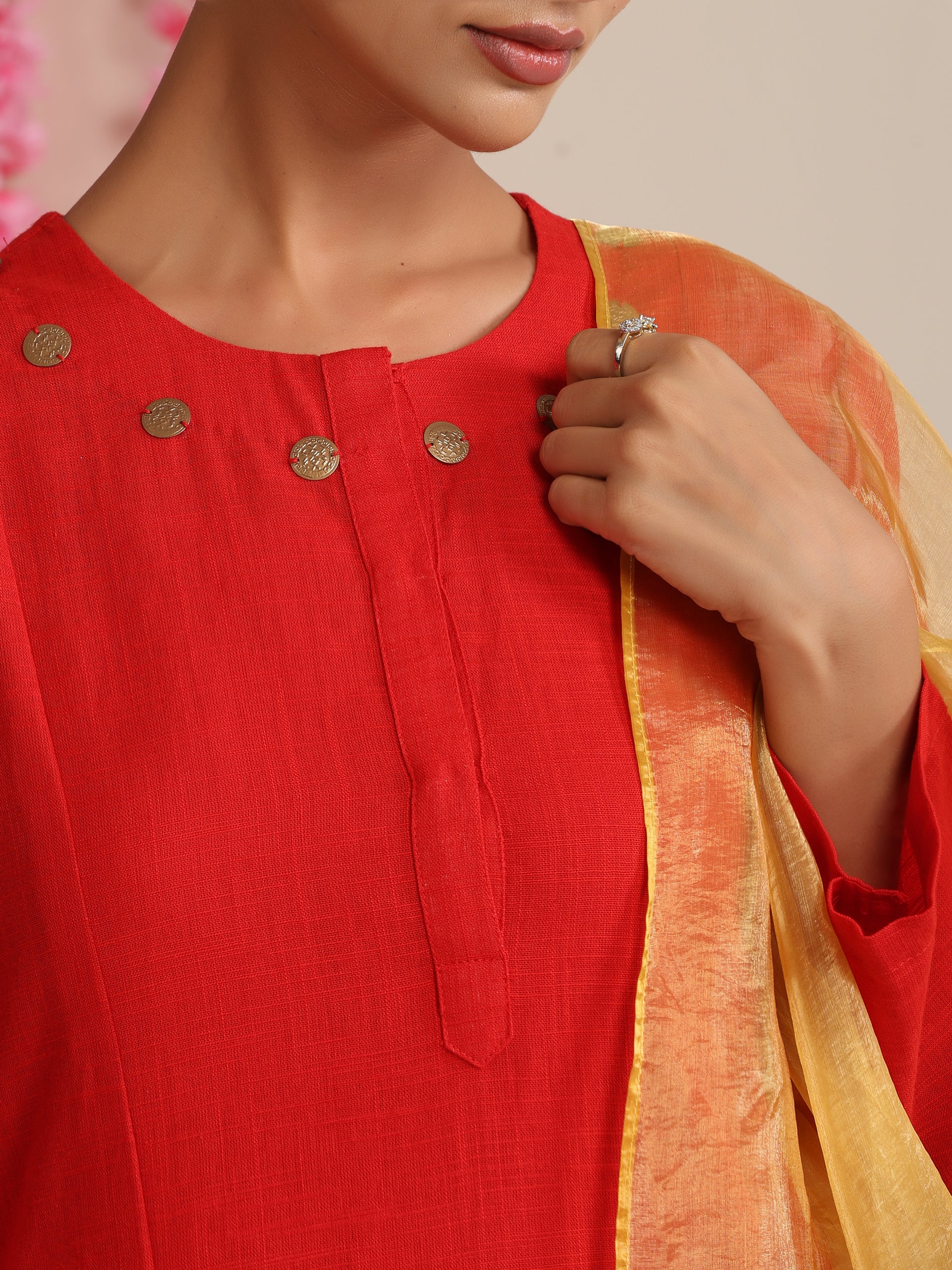 Women’s Red Cotton Slub Kurta, Pyjama & Metallic Yellow Dupatta | 3 Pc Ethnic Festive Set