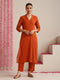 Terracotta Cotton Slub Kurta Set for Women | 2 Pc Co-ord with V-Neck & Straight Fit