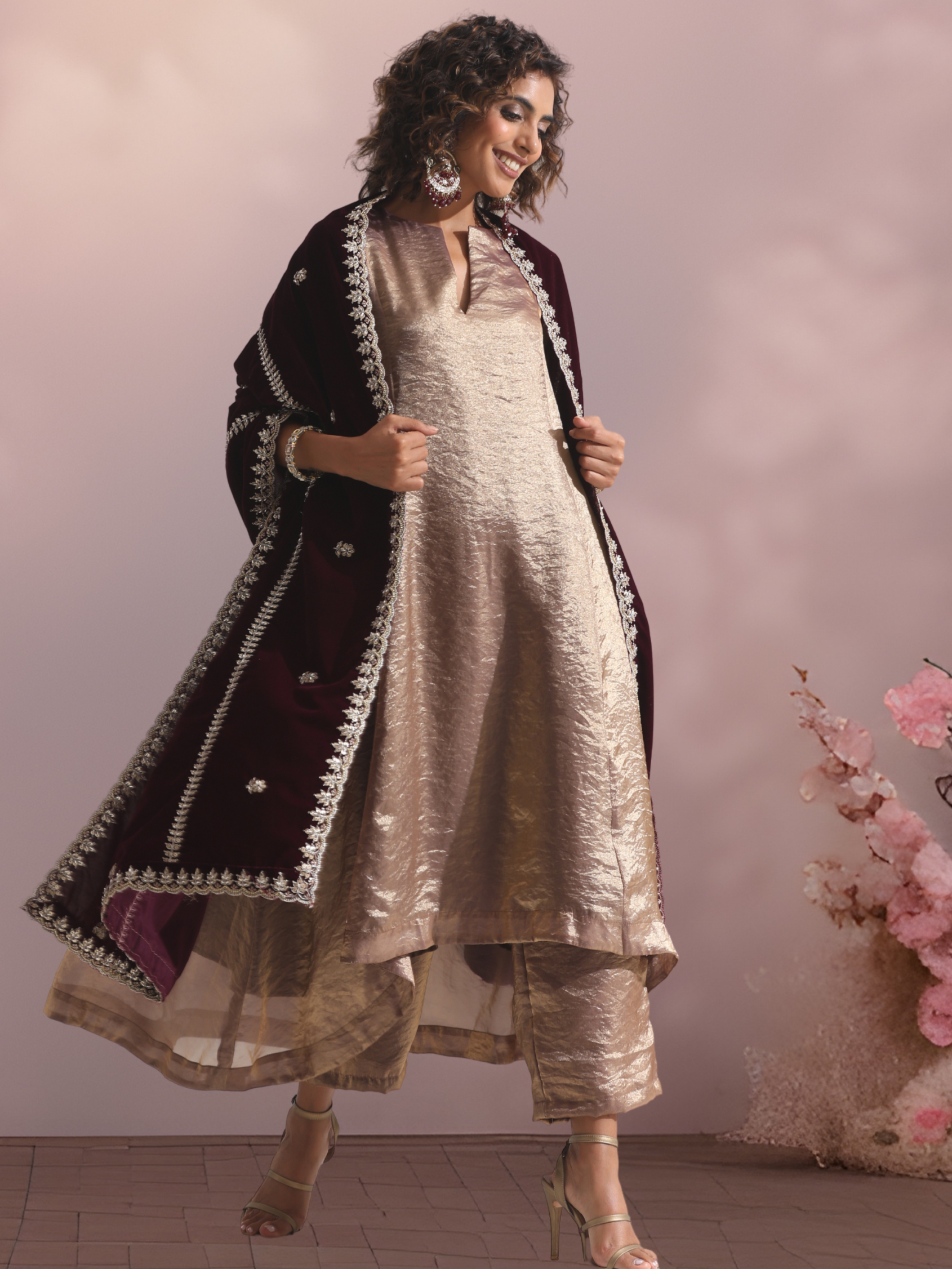 Women's Gold Metallic Satin Kurta with Embroidery and Pants 2 Piece Set | A-Line, Round Neck, 3/4 Sleeves, Partywear, (Metallic Satin)