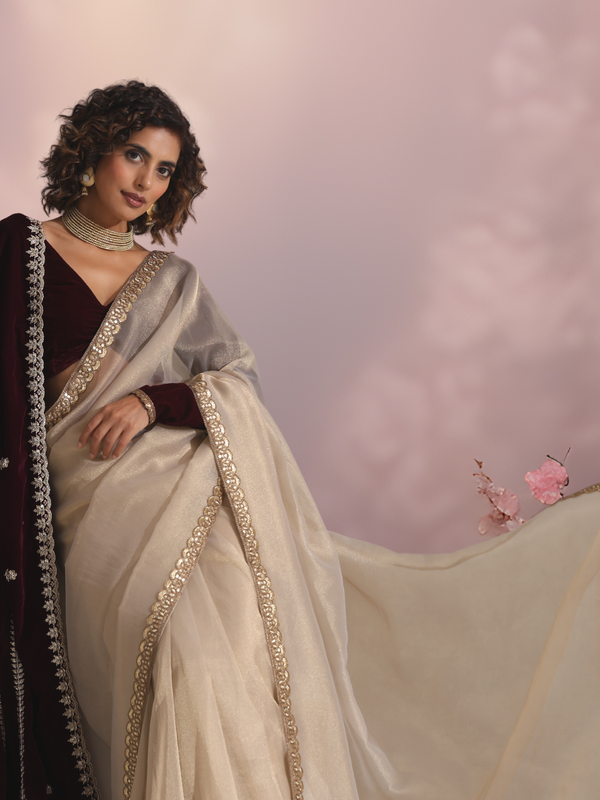 Alchemist Gold Soft Tissue Banarasi Saree with Lace with Velvet Blouse Fabric