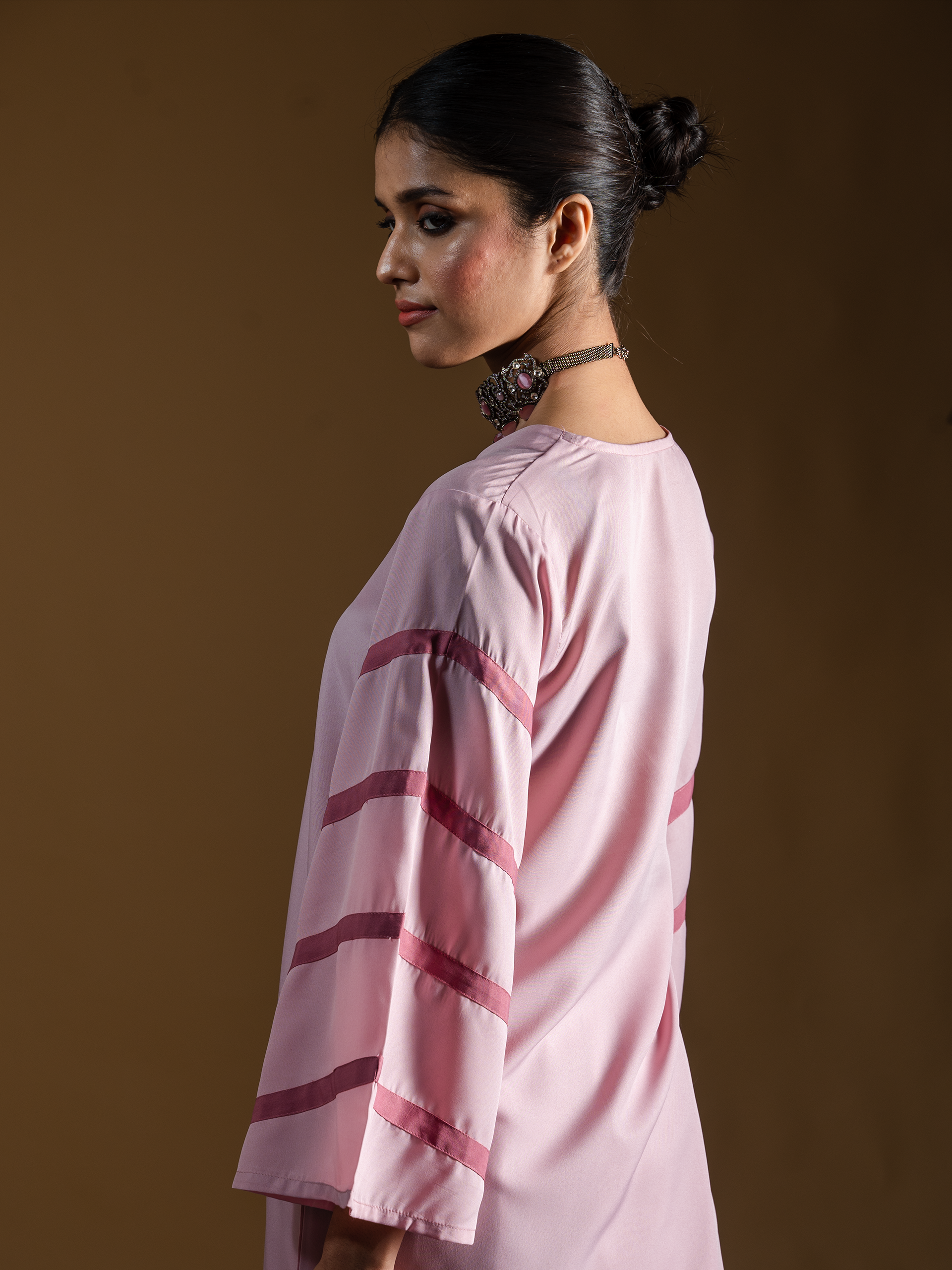 SET Pink Crepe with Striped Sleeves