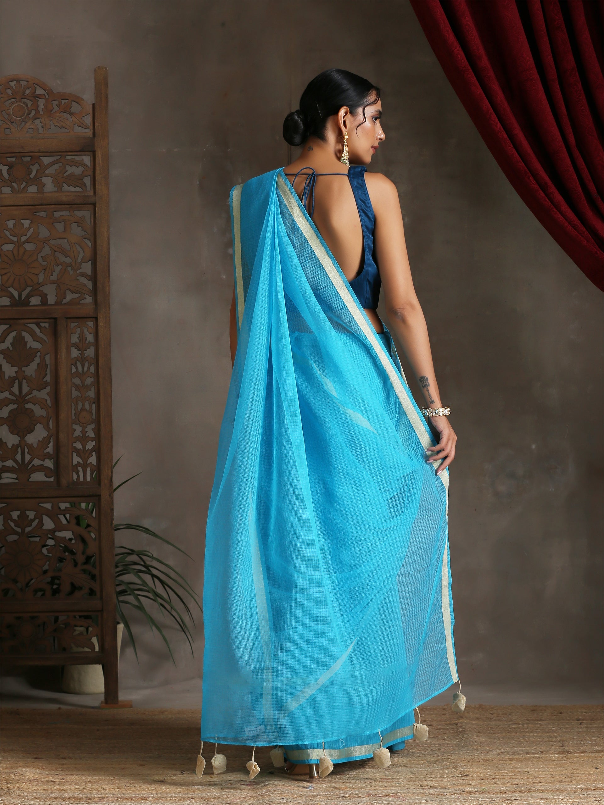 Sapphire Blue Kota Doria Saree with Border & Tassles