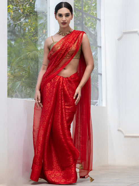 Passion Red and Gold Floral Print Chiffon Saree with Pendants