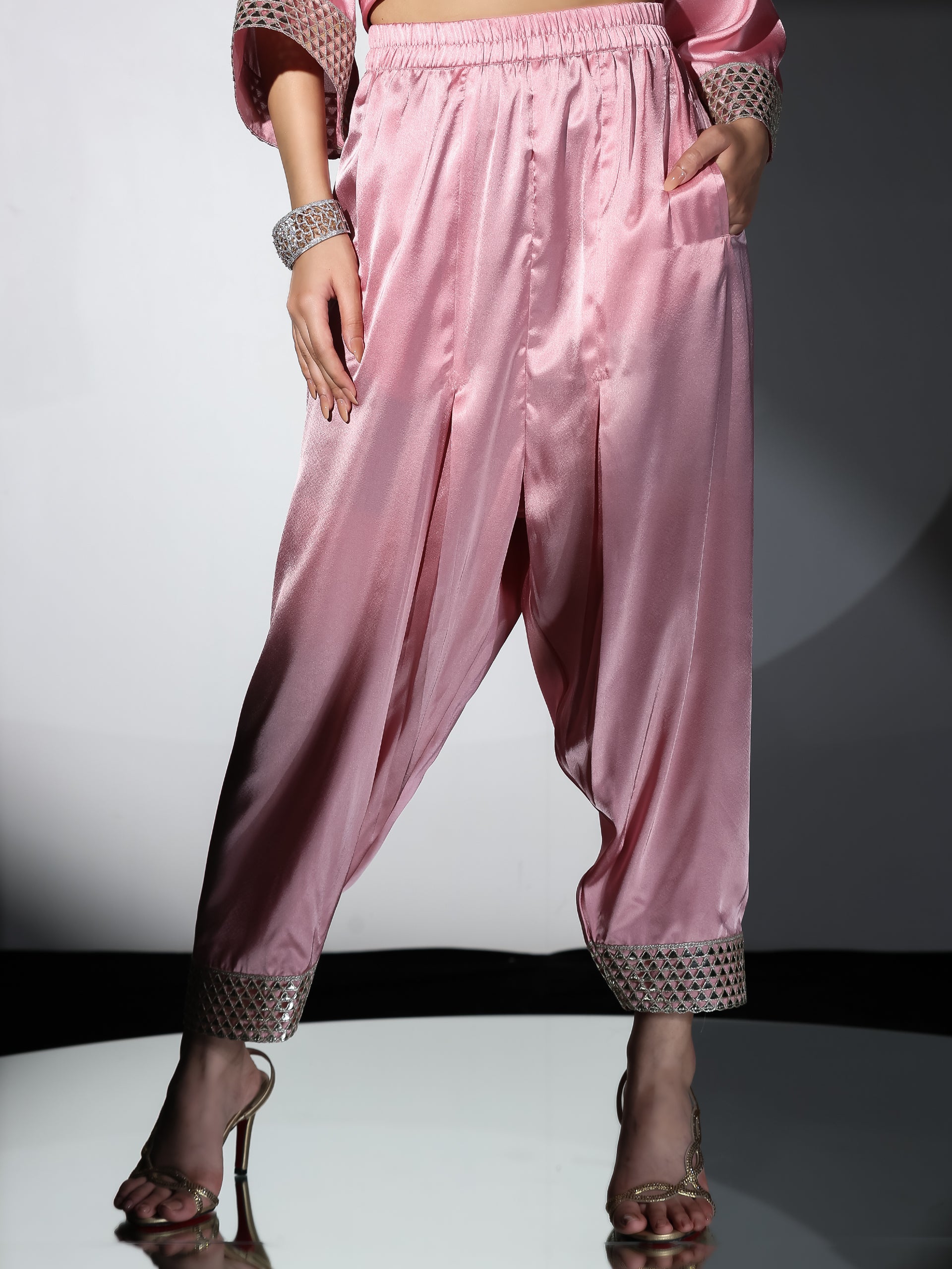 Women's Vision in Pink Satin Set with Gold Triangle on Sleeves and Easy Pants 2 Piece Set | Straight Fit, Round Neck, 3/4 Sleeves, Pants, Festive Wear, (Satin)
