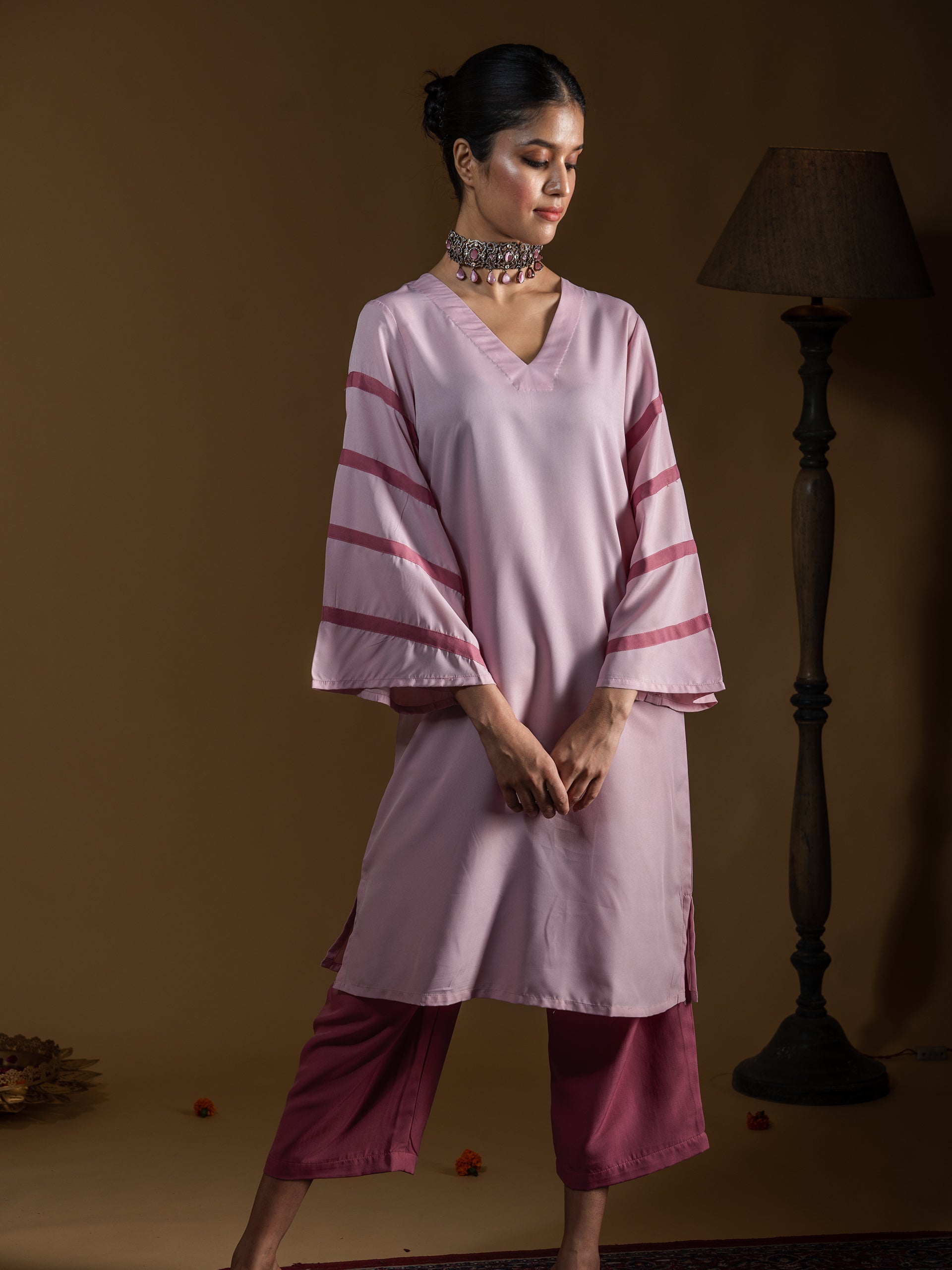 SET Pink Crepe with Striped Sleeves