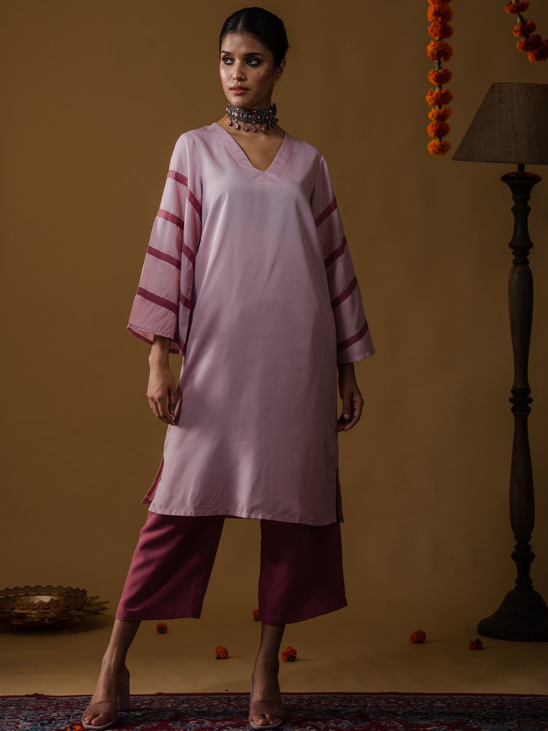 SET Pink Crepe with Striped Sleeves