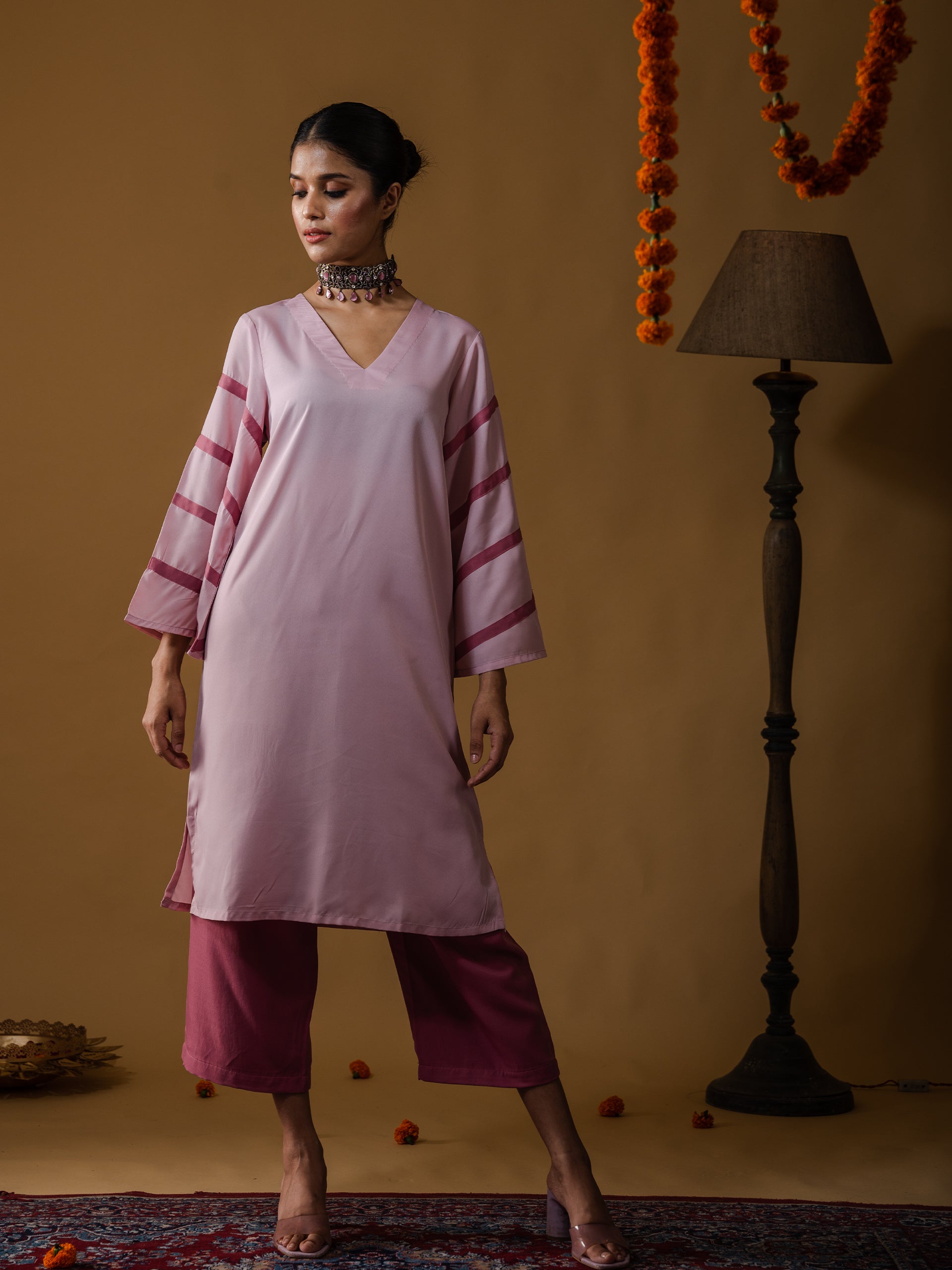SET Pink Crepe with Striped Sleeves
