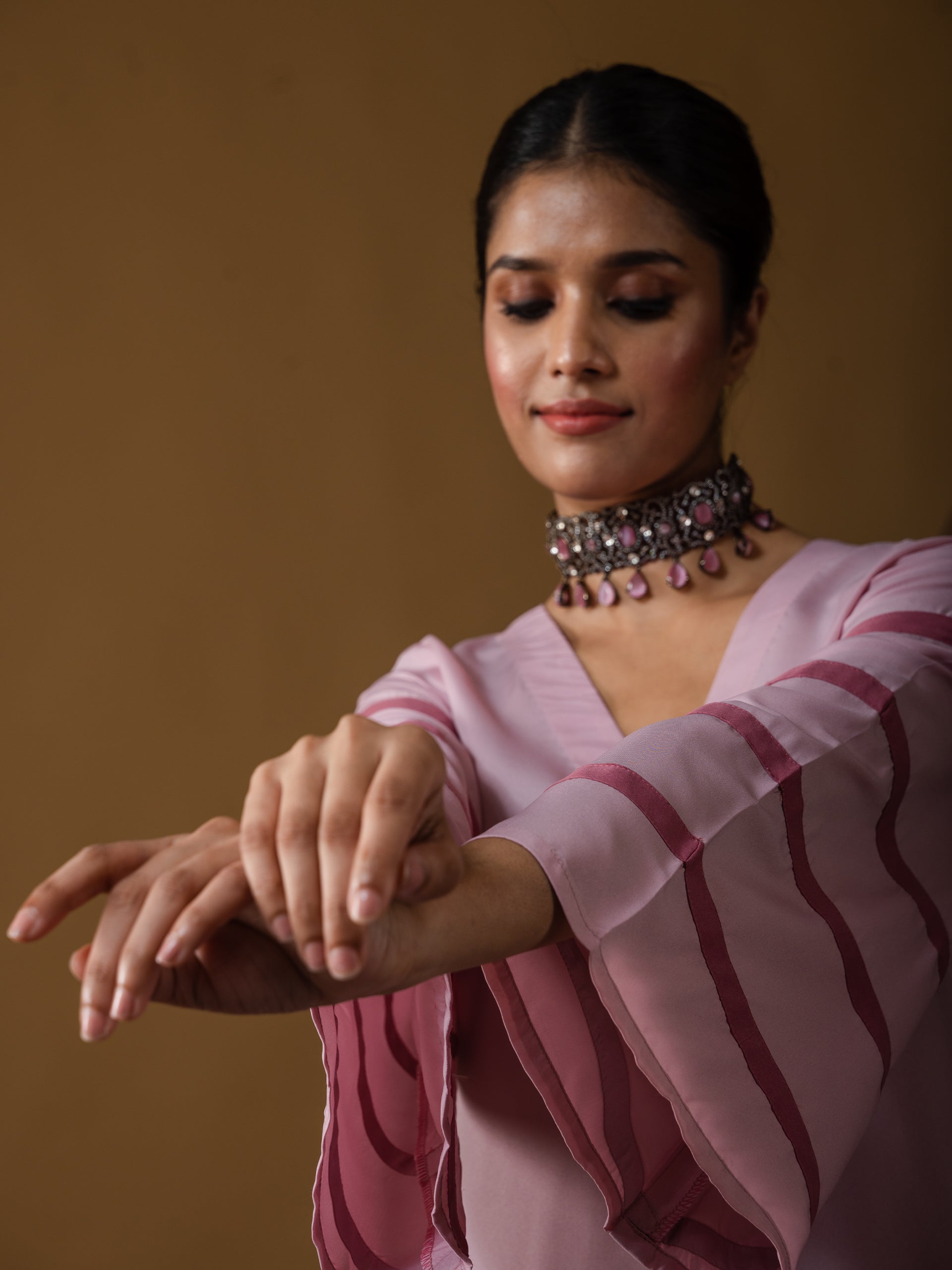 SET Pink Crepe with Striped Sleeves