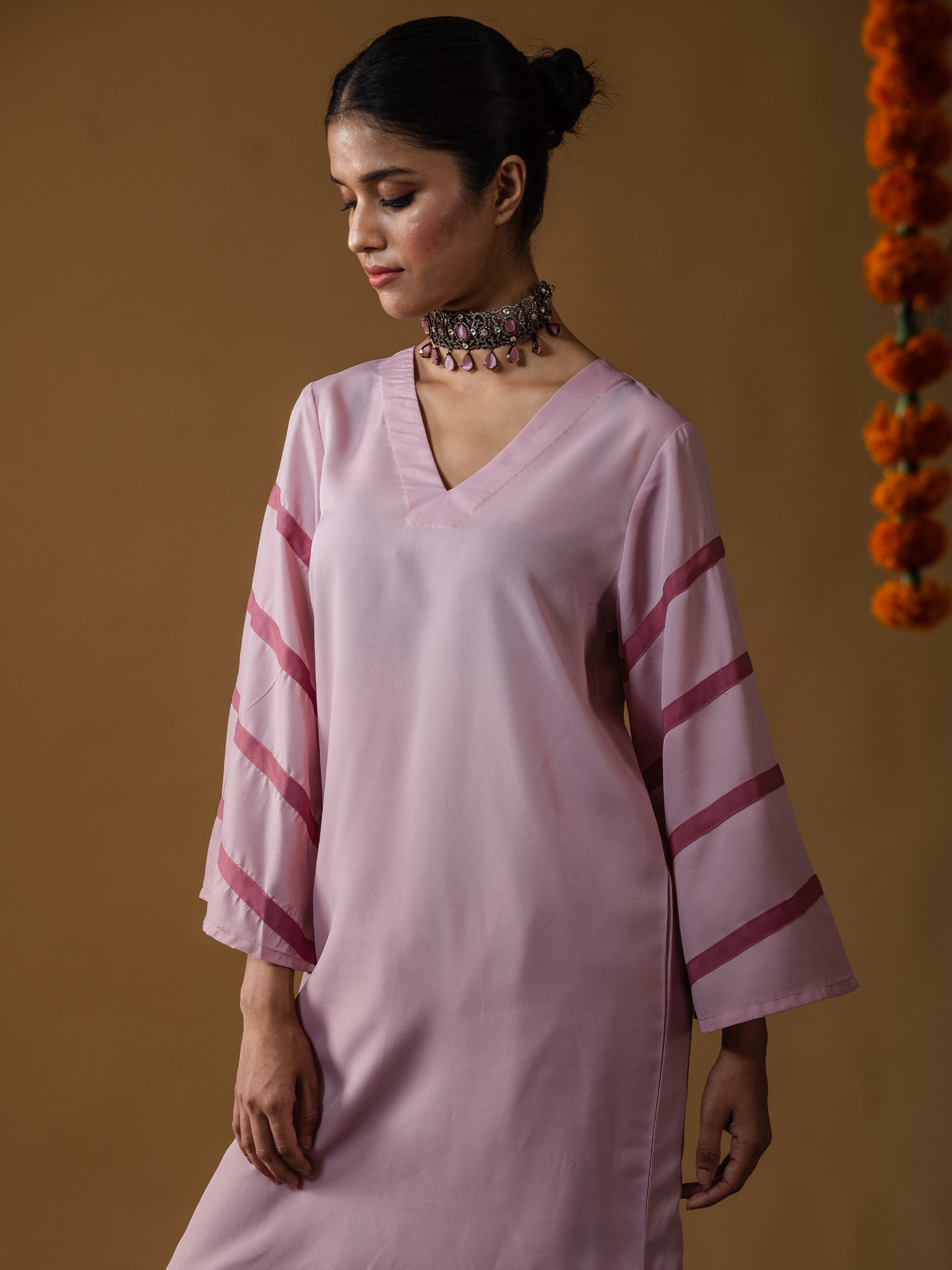 SET Pink Crepe with Striped Sleeves