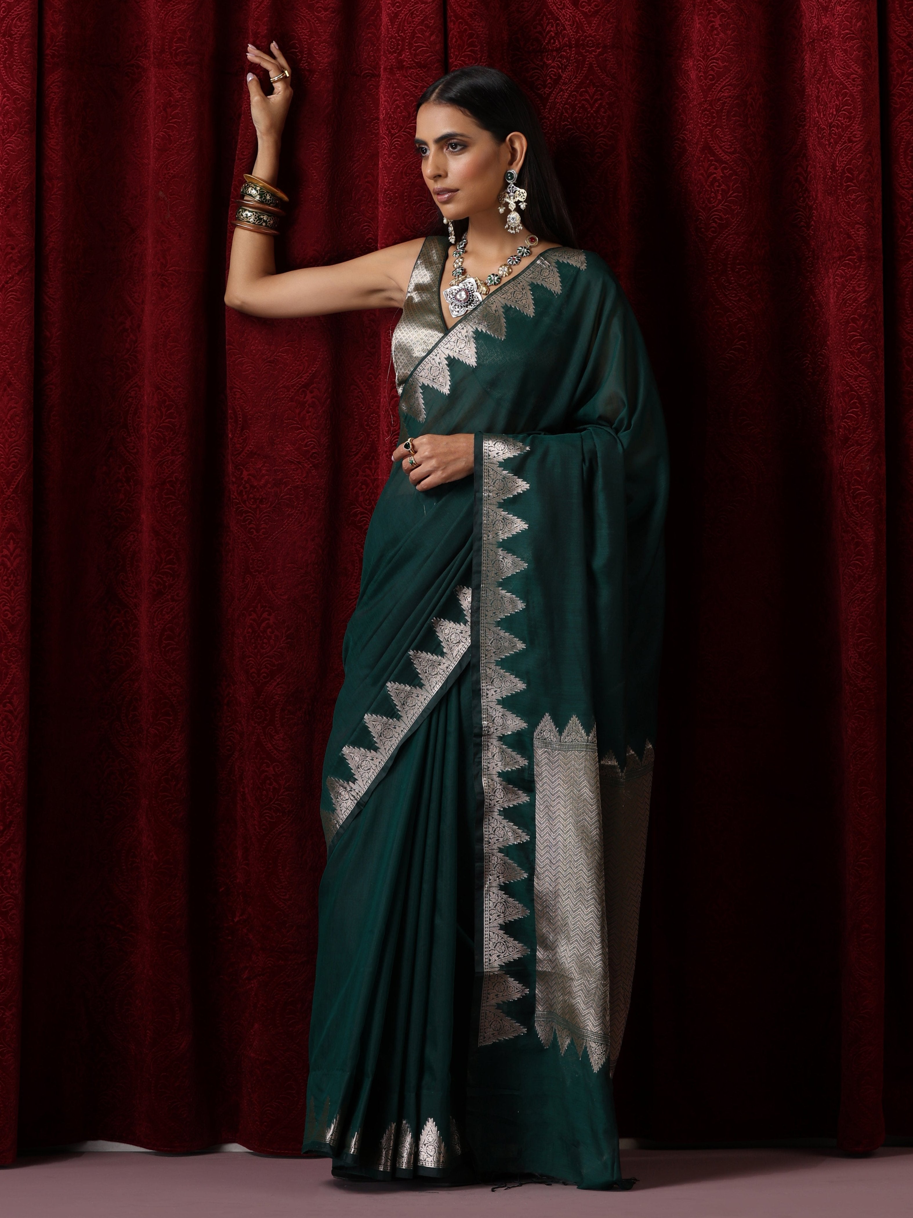 Emerald Temple Pure Silk Saree with Blouse Fabric