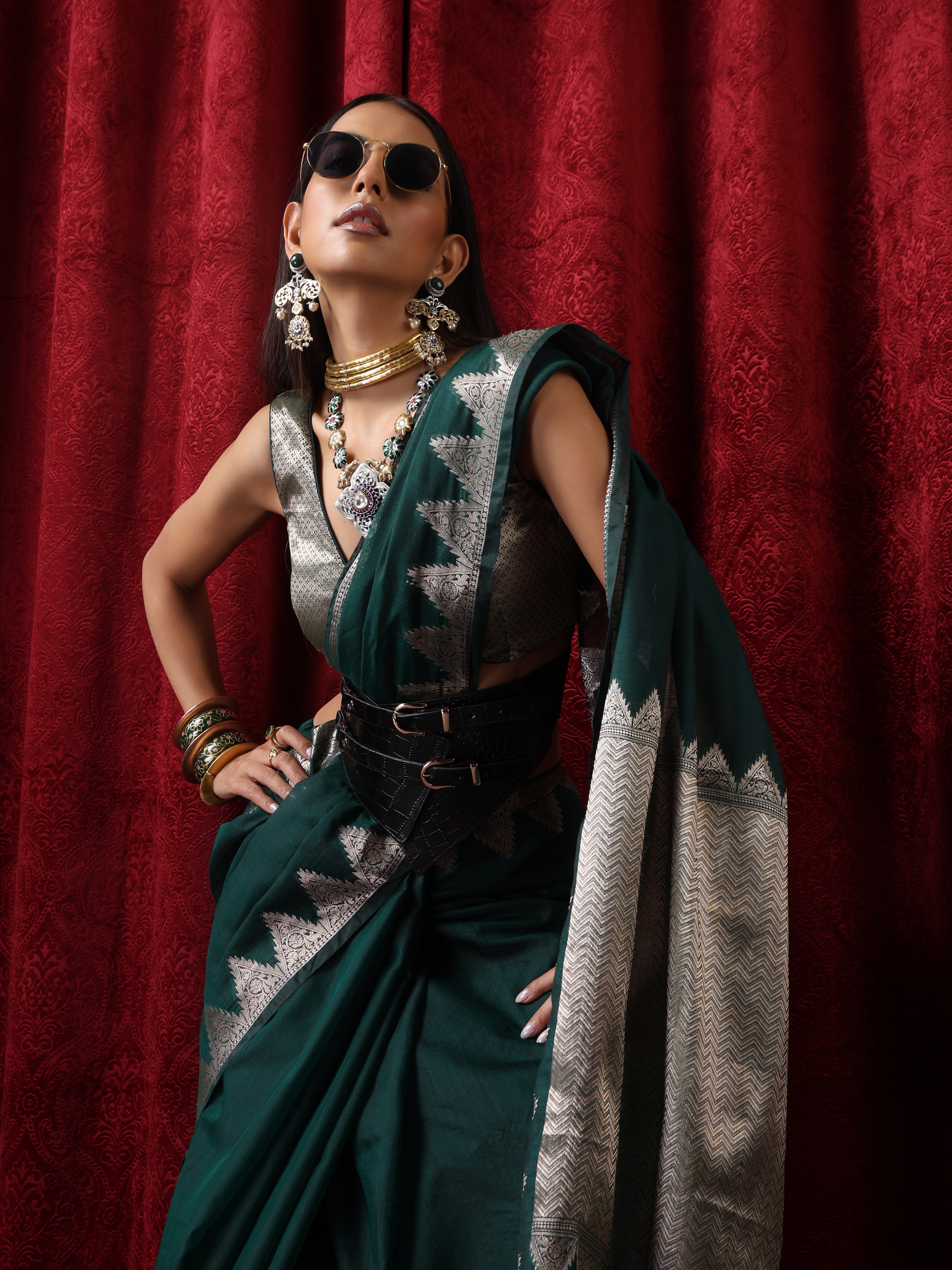 Emerald Temple Pure Silk Saree with Blouse Fabric