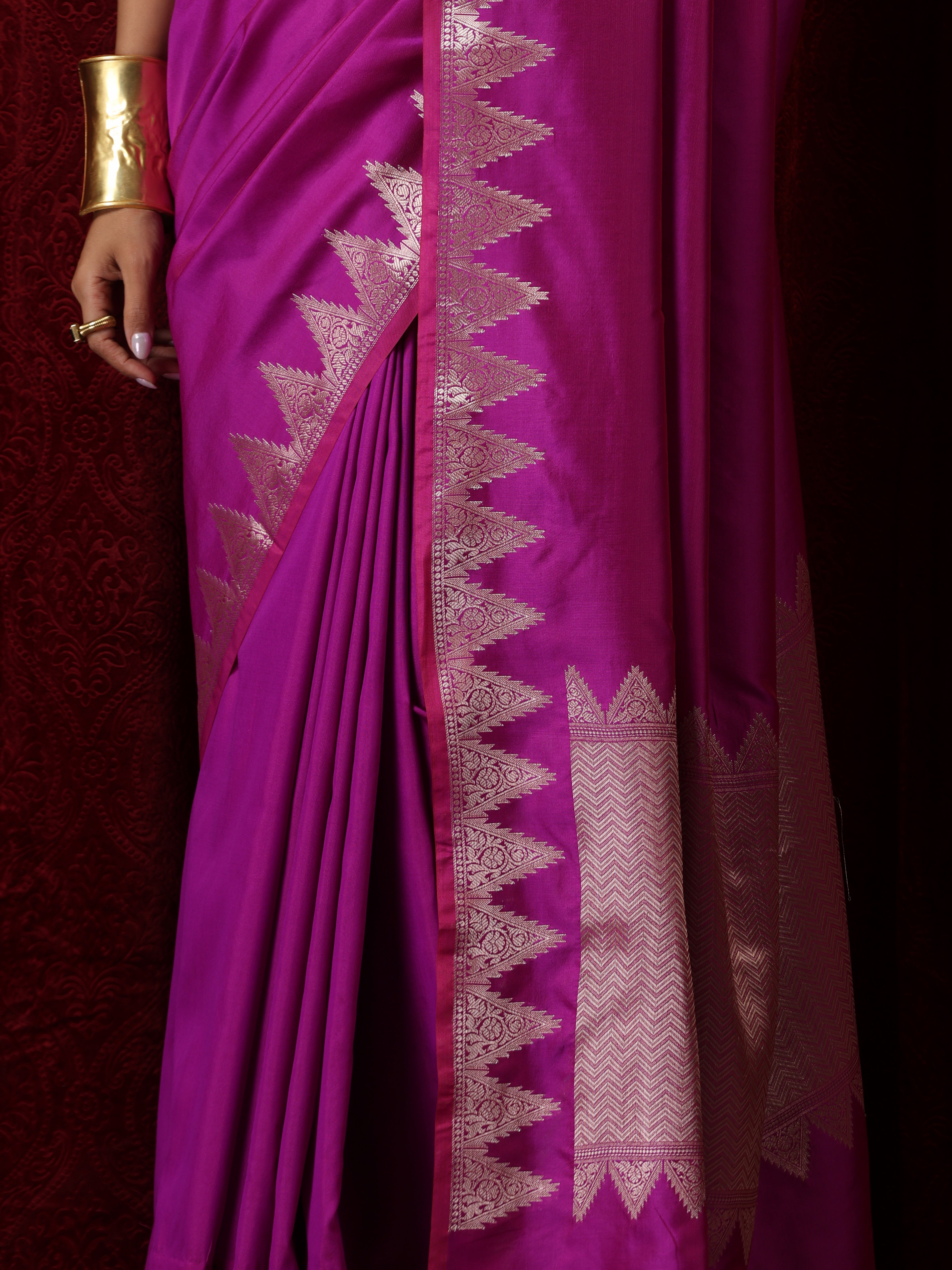 Banarasi Plum Temple Pure Silk Saree with Blouse Fabric