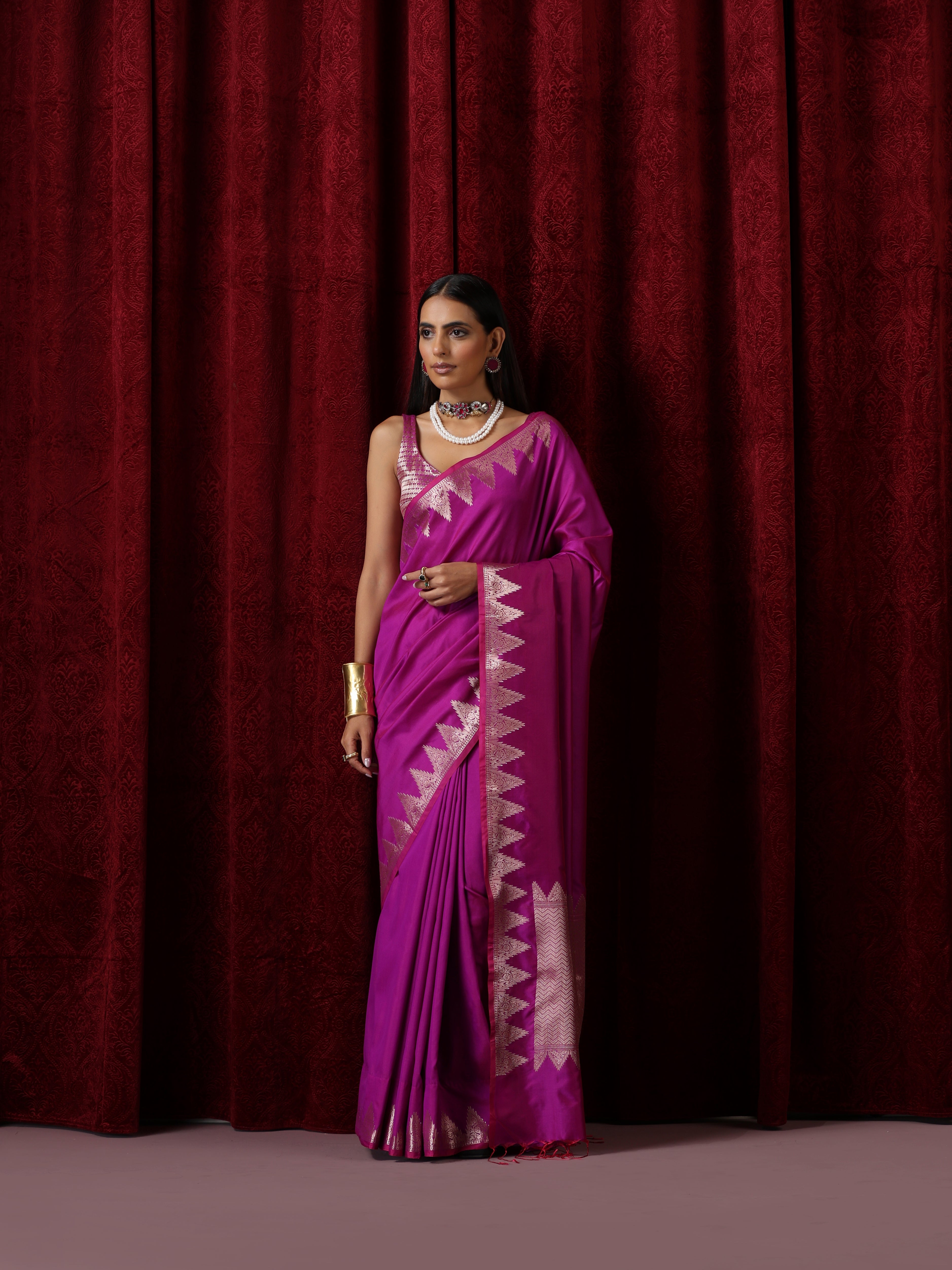 Banarasi Plum Temple Pure Silk Saree with Blouse Fabric