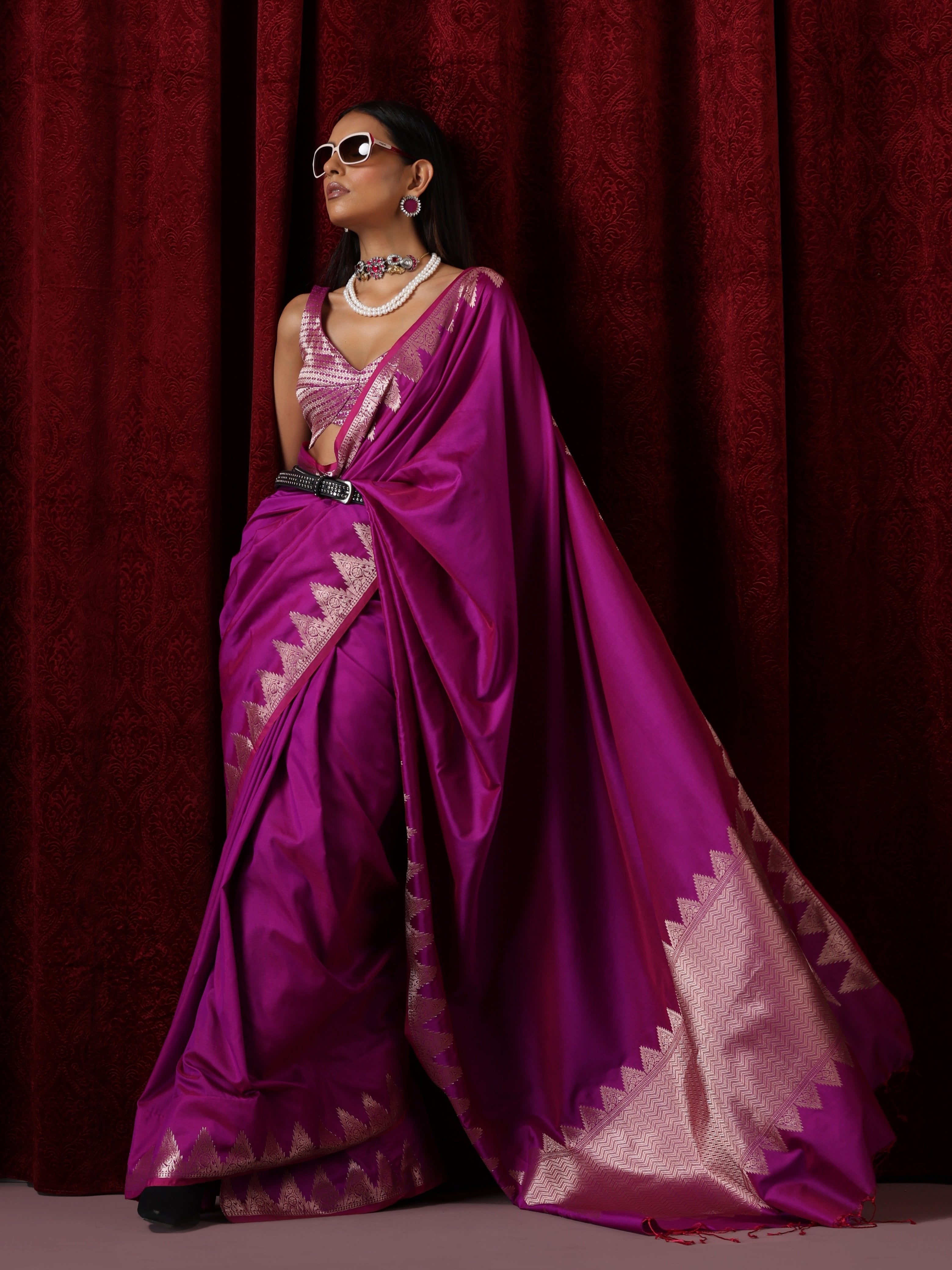 Banarasi Plum Temple Pure Silk Saree with Blouse Fabric
