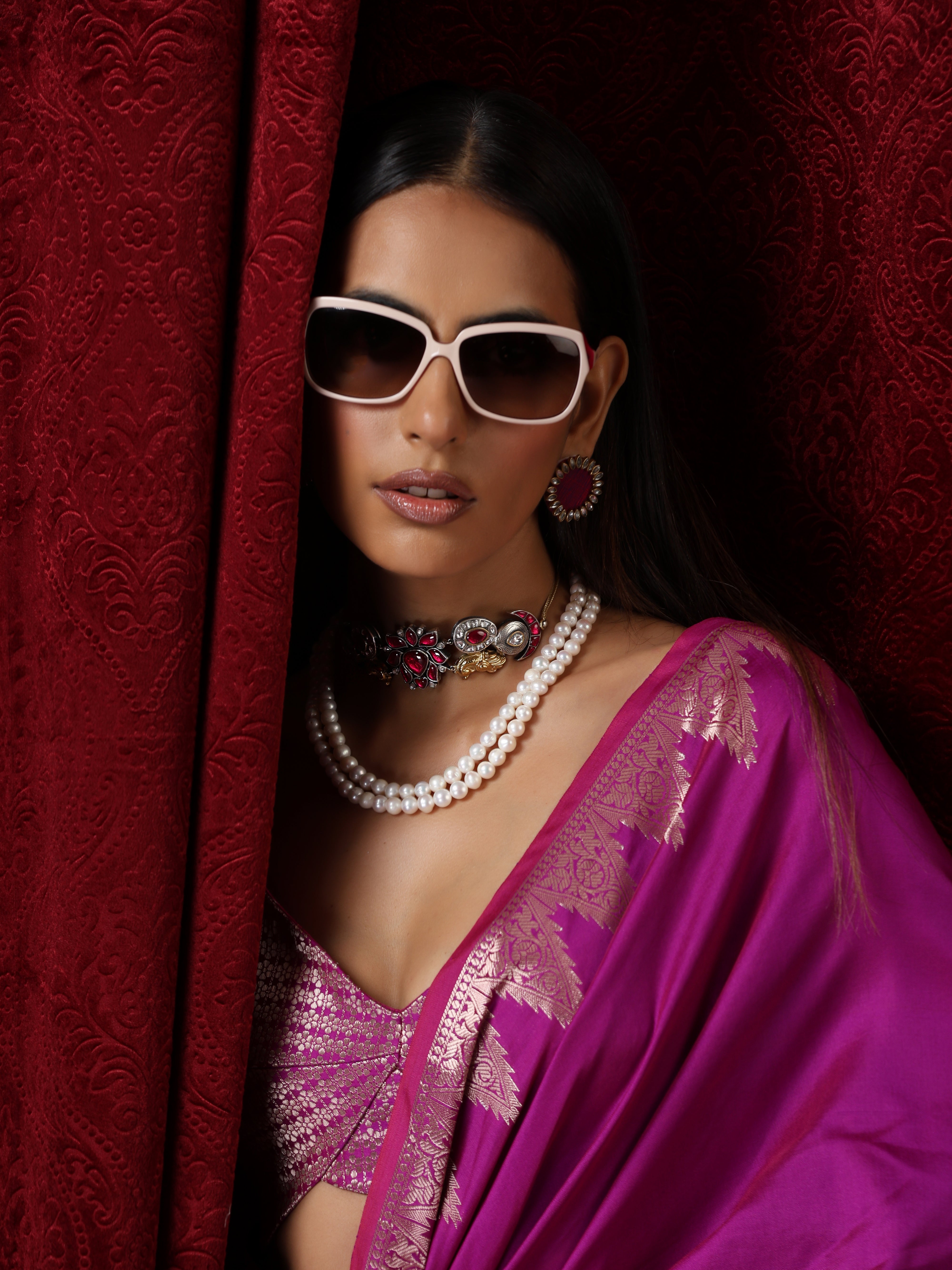Banarasi Plum Temple Pure Silk Saree with Blouse Fabric