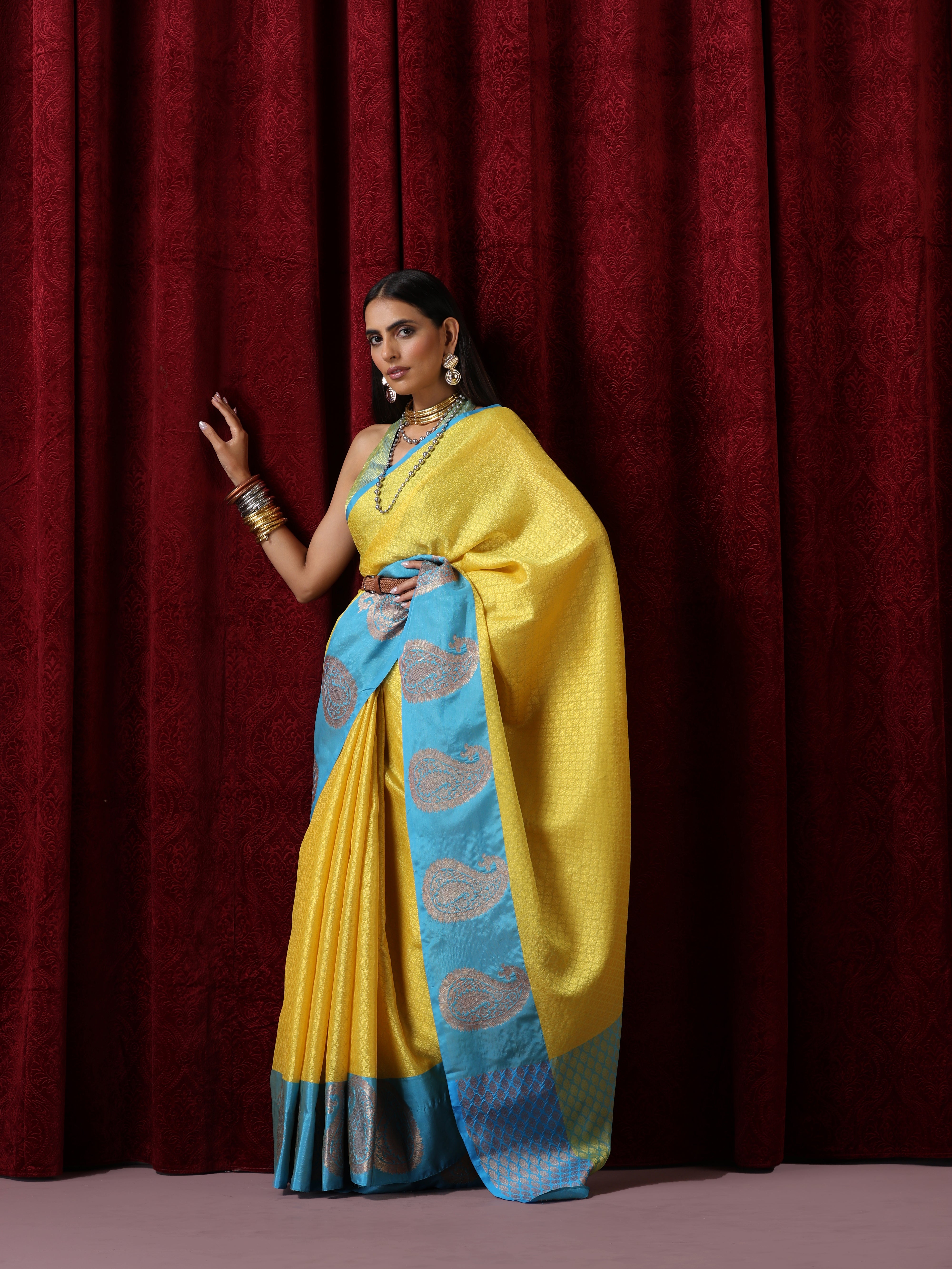 Yellow Jacquard Saree with Blue Border with Blouse Fabric