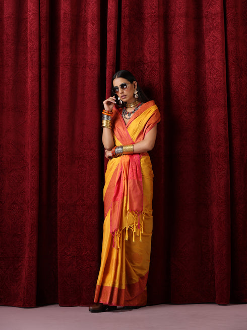 Yellow Red Blended Soft Silk Saree with Blouse Fabric