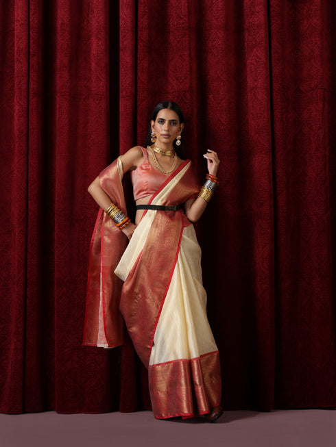 Cream Jacquard Saree with Red Border with Blouse Fabric