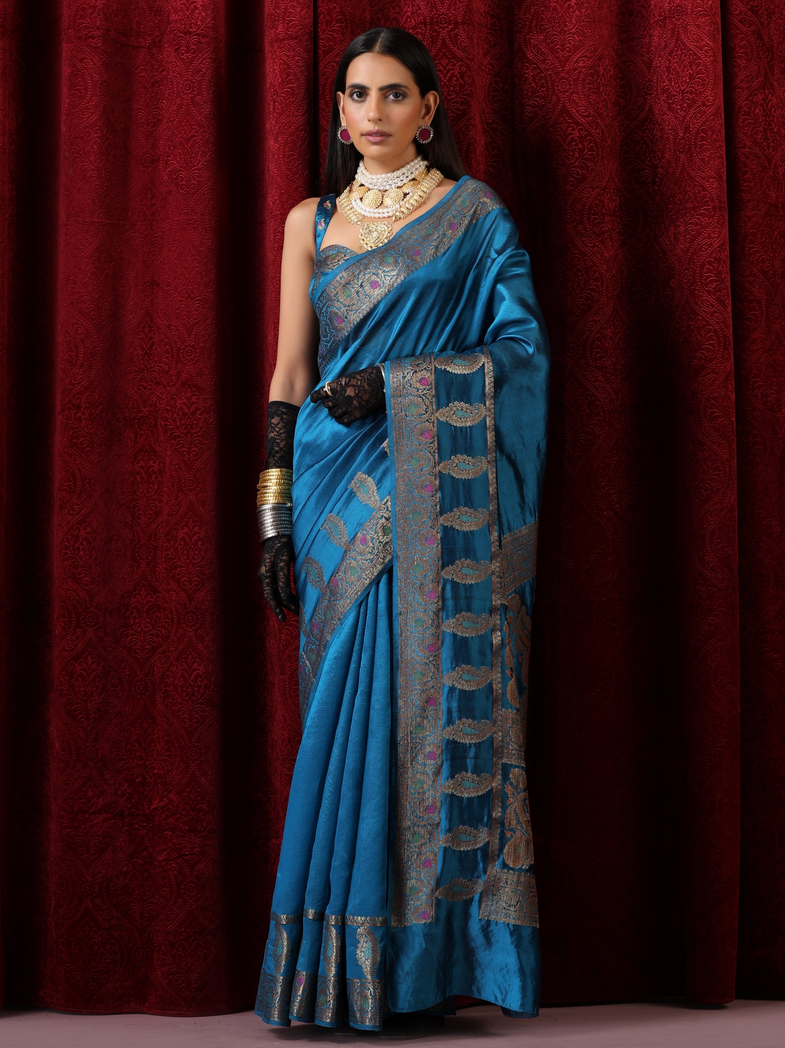 Banarasi Meena Kari Blue Pure Silk Saree with Blouse Fabric