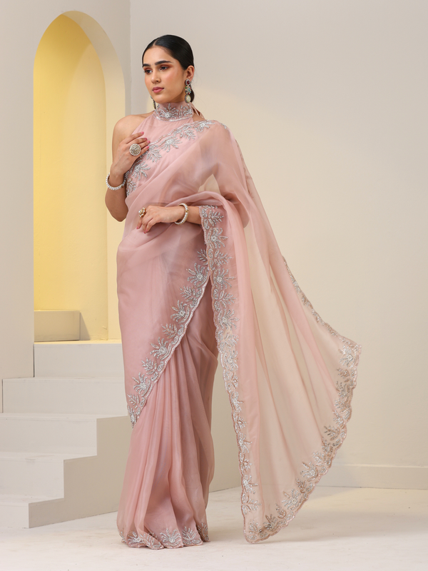Rose Gold Organza Saree with Cut-Dana Embroidery with Blouse Fabric