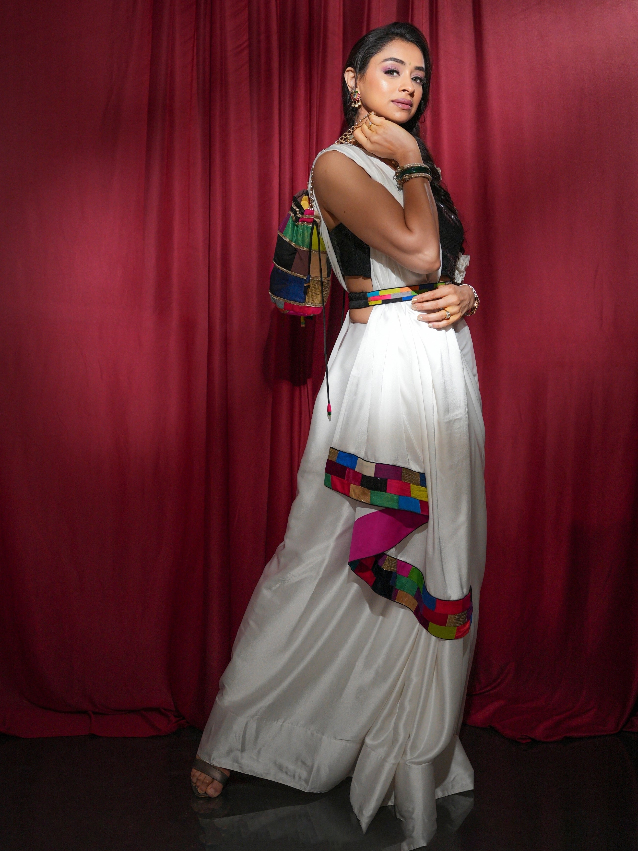 3 Pc SET - Rainbow Pride Satin Saree With Belt And Blouse Fabric