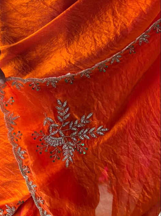 Orange Metallic Satin Scalloped Leaf Hand Beaded Saree with Matching Beaded Blouse Fabric