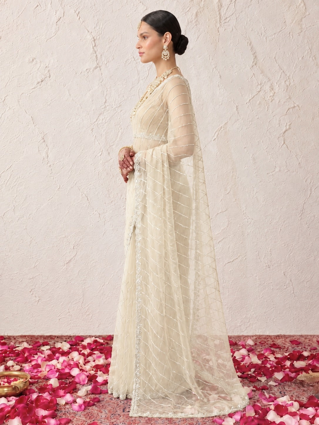 Beige Net Scalloped Hand Beaded Cut Dana Saree with Matching Beaded Blouse Fabric