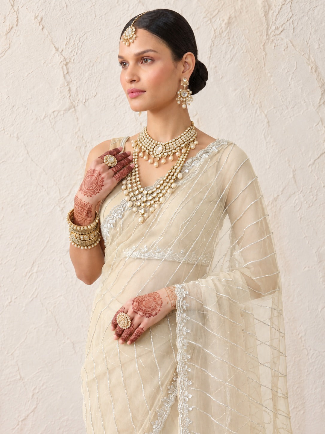 Beige Net Scalloped Hand Beaded Cut Dana Saree with Matching Beaded Blouse Fabric