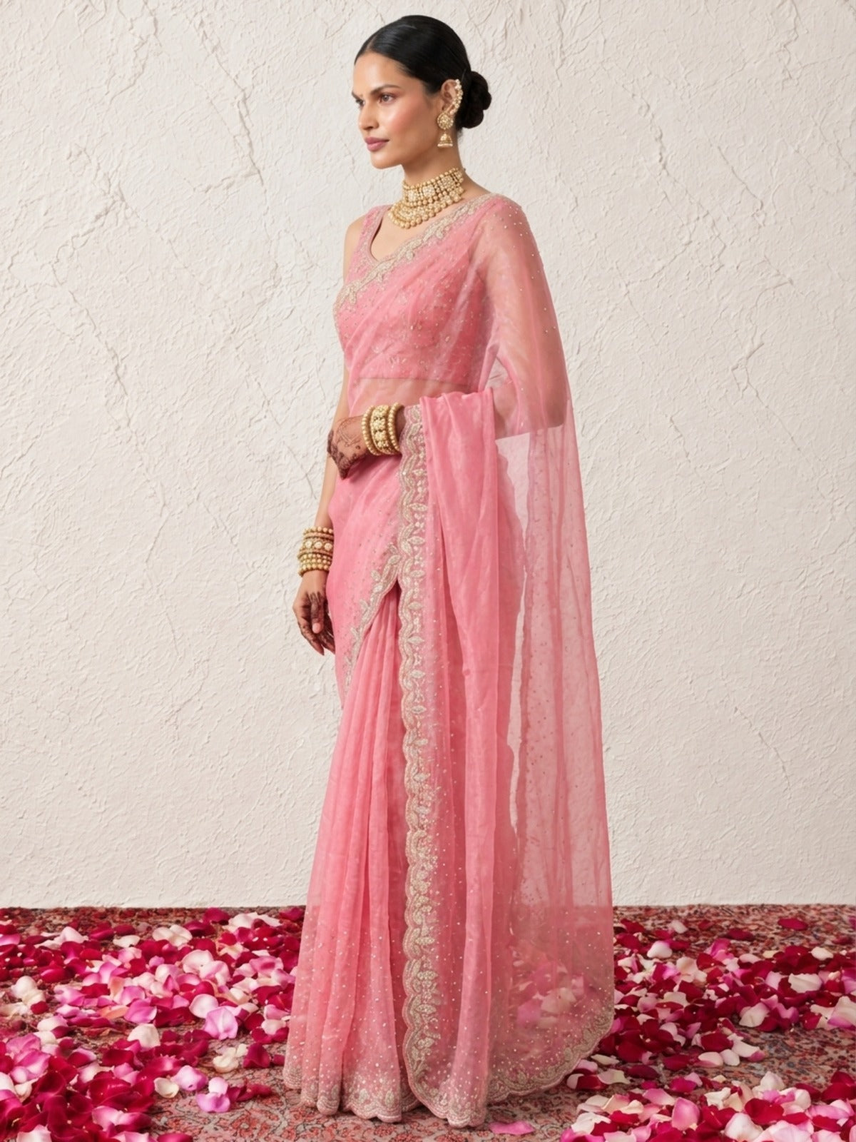 Pink Magic Metallic Chiffon Hand Beaded Cut Dana Saree with Matching Blouse
