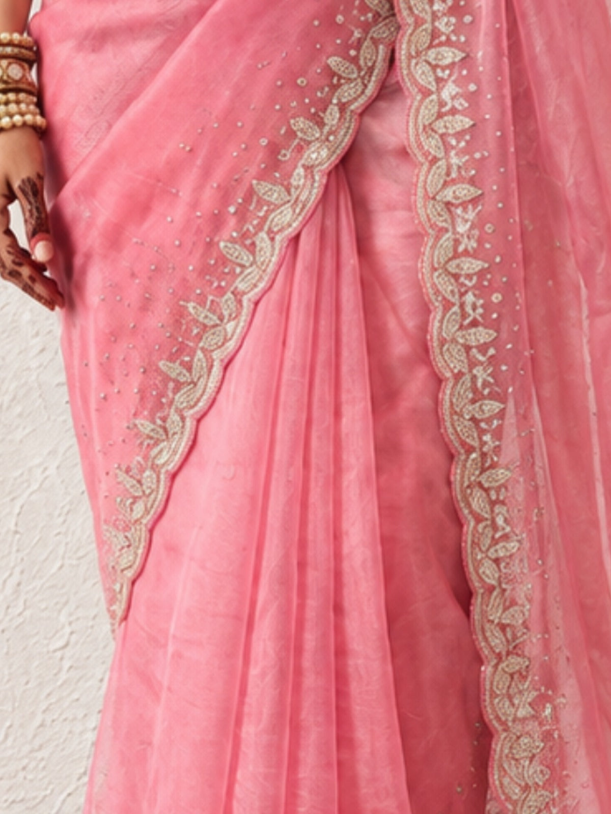 Pink Magic Metallic Chiffon Hand Beaded Cut Dana Saree with Matching Blouse