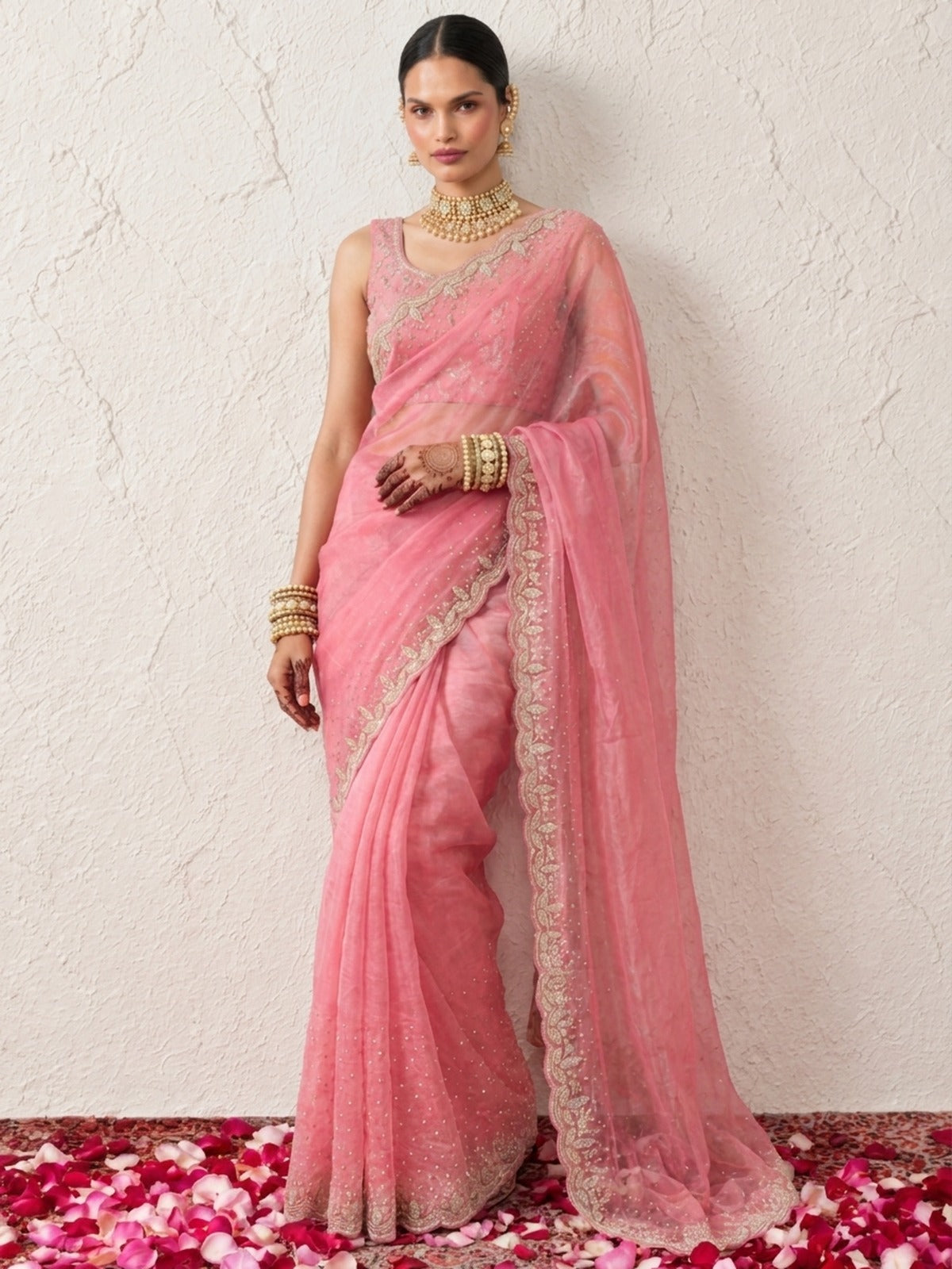 Pink Magic Metallic Chiffon Hand Beaded Cut Dana Saree with Matching Blouse